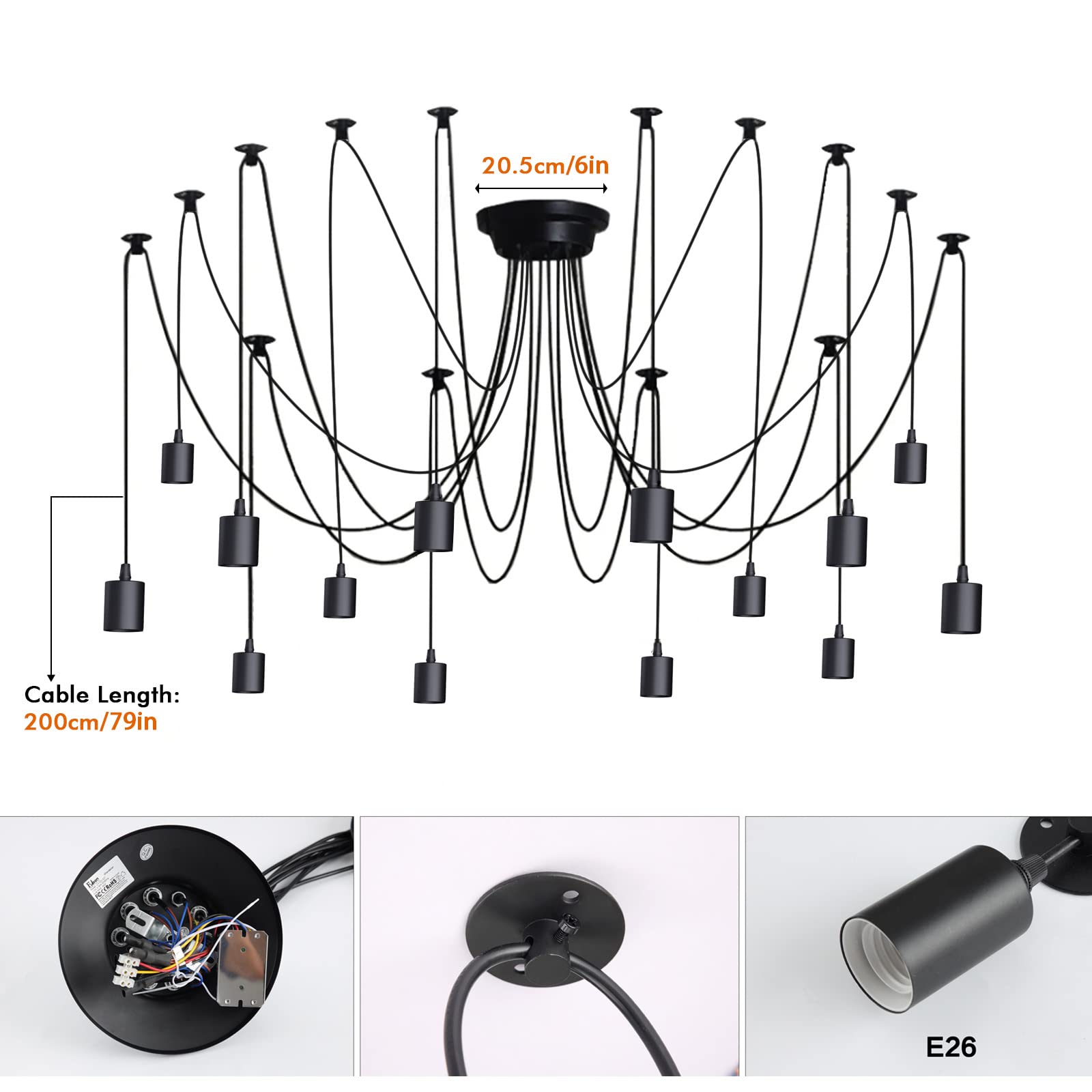 Fuloon Vintage Edison Spider Lamp Pendant Chandelier, 14 Heads, Metal, Black, DW68, Remote Control, 200cm Cable