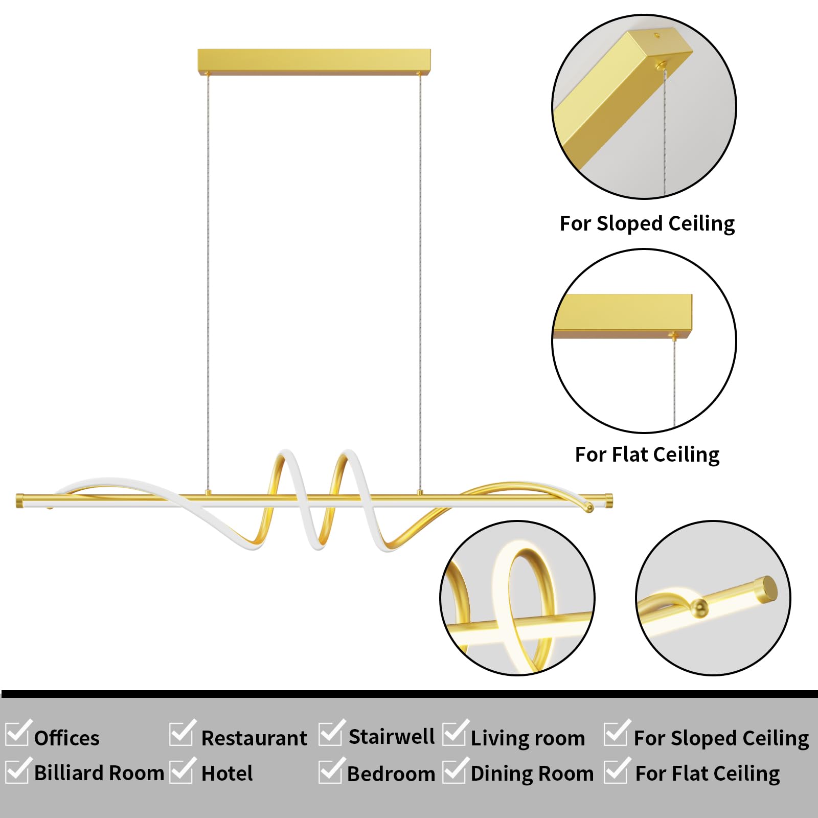 Lannlker Modern Led Pendant Lights, 47In Gold Chandelier Dimmable With Remote Control 3000K-6000K Adjustable Color Temperature,