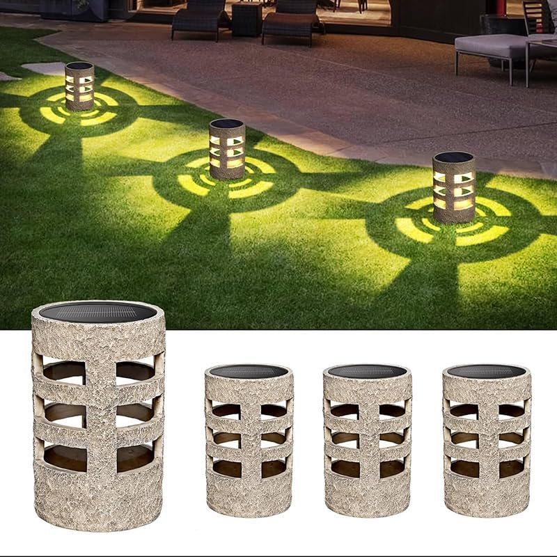Solar Path Lights Outdoor 4 Pack, IP65 Waterproof Decorative Resin Garden Lights with Auto On Off Dusk to Dawn and Metal Ground 