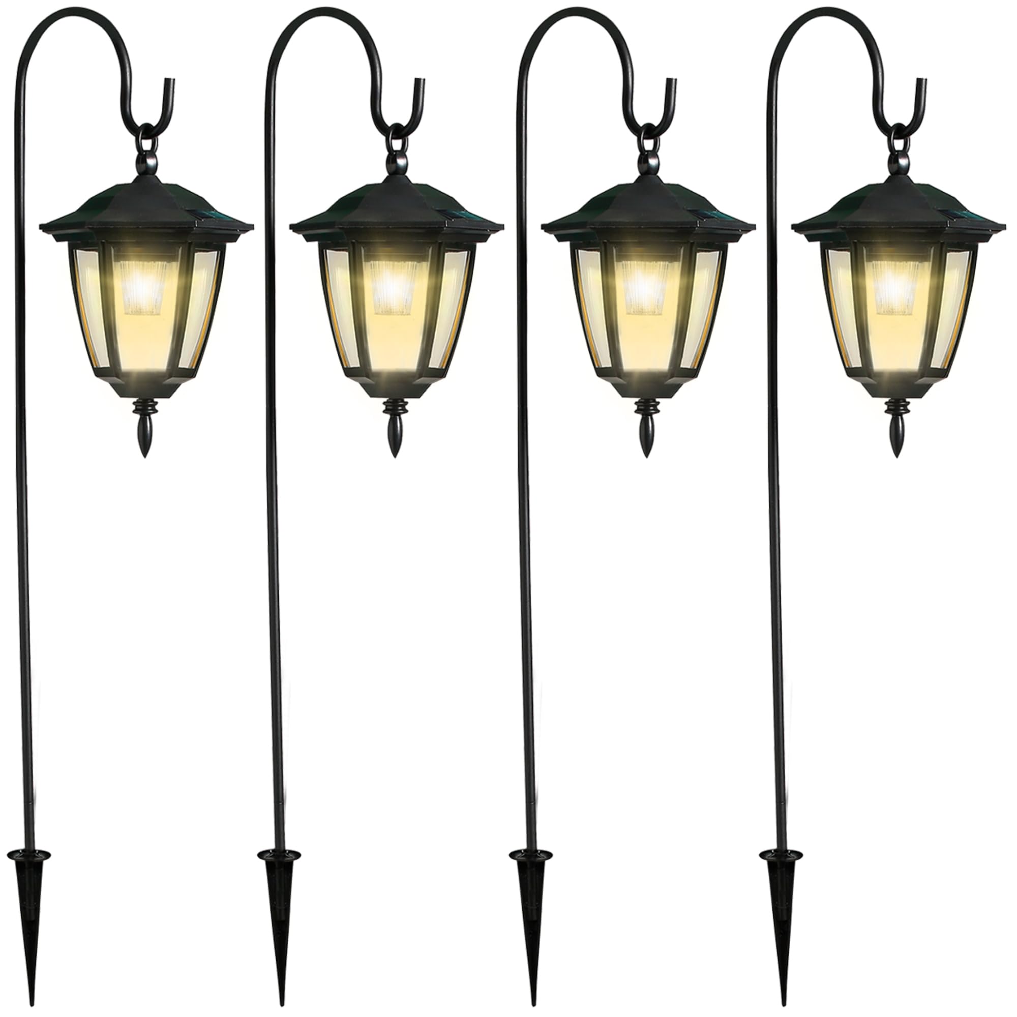 Dynaming 4 Pack Solar Hanging Lights Outdoor, Solar Powered Garden Decorative Lanterns with 4 x 38 Inch Shepherd Hooks, Waterpro