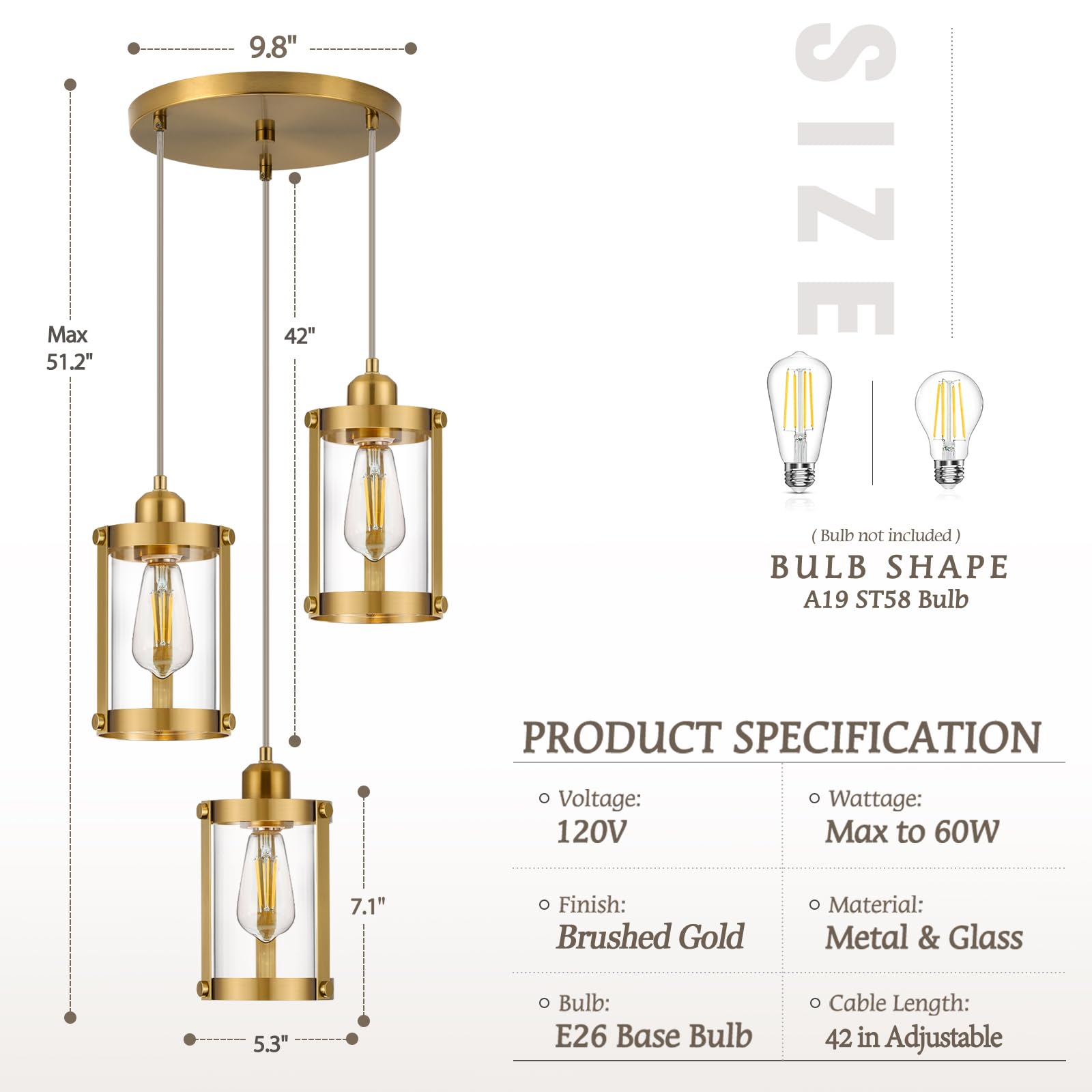 Osimir 3-Light Pendant Lighting, Brushed Gold Dining Room Chandelier Light Fixture Over Table With Clear Glass, Modern Cluster H