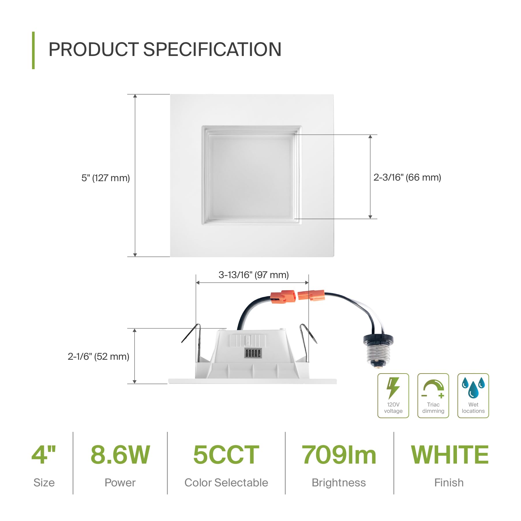 Asd 4 Inch Square Led Recessed Light Retrofit Kit 5Cct 2700K 3000K 3500K 4000K 5000K Color Adjustable 9W 709Lm Dimmable Can Down