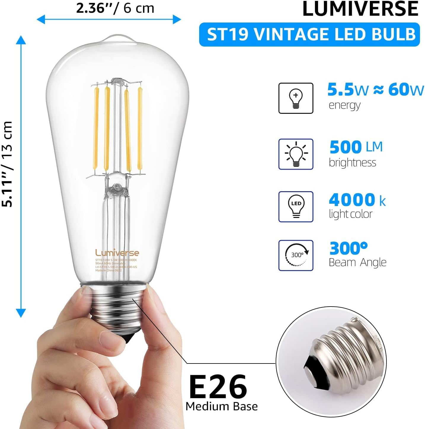16 Pack St19 Dimmable Led Edison Bulb, 5.5W (60W Equivalent) 500Lm, Cri 95+, 4000K Cool White, E26 Medium Base, Vintage Filament