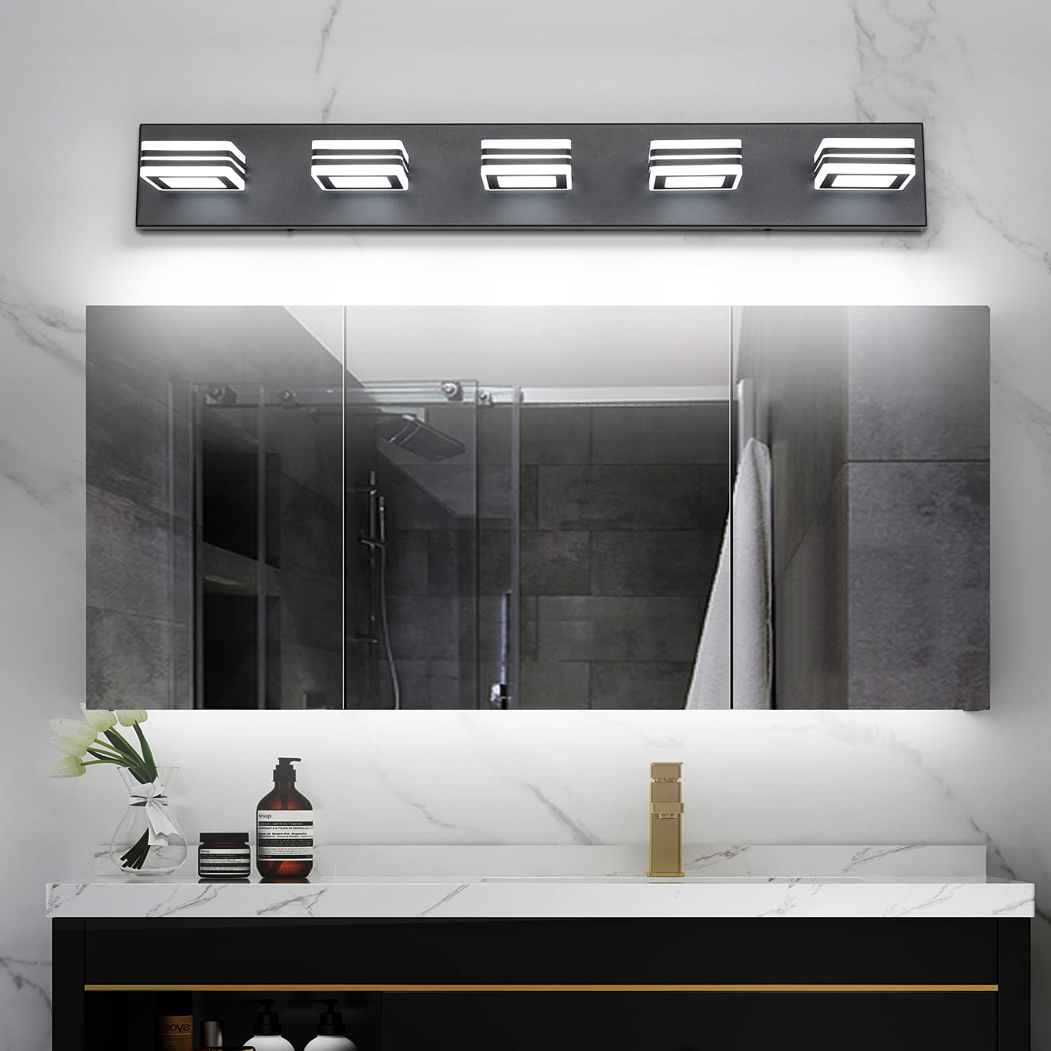 SOLFART Black Bathroom Vanity Light Fixtures 5 Lights Dimmable Matt Black Model S9660-5T-BK