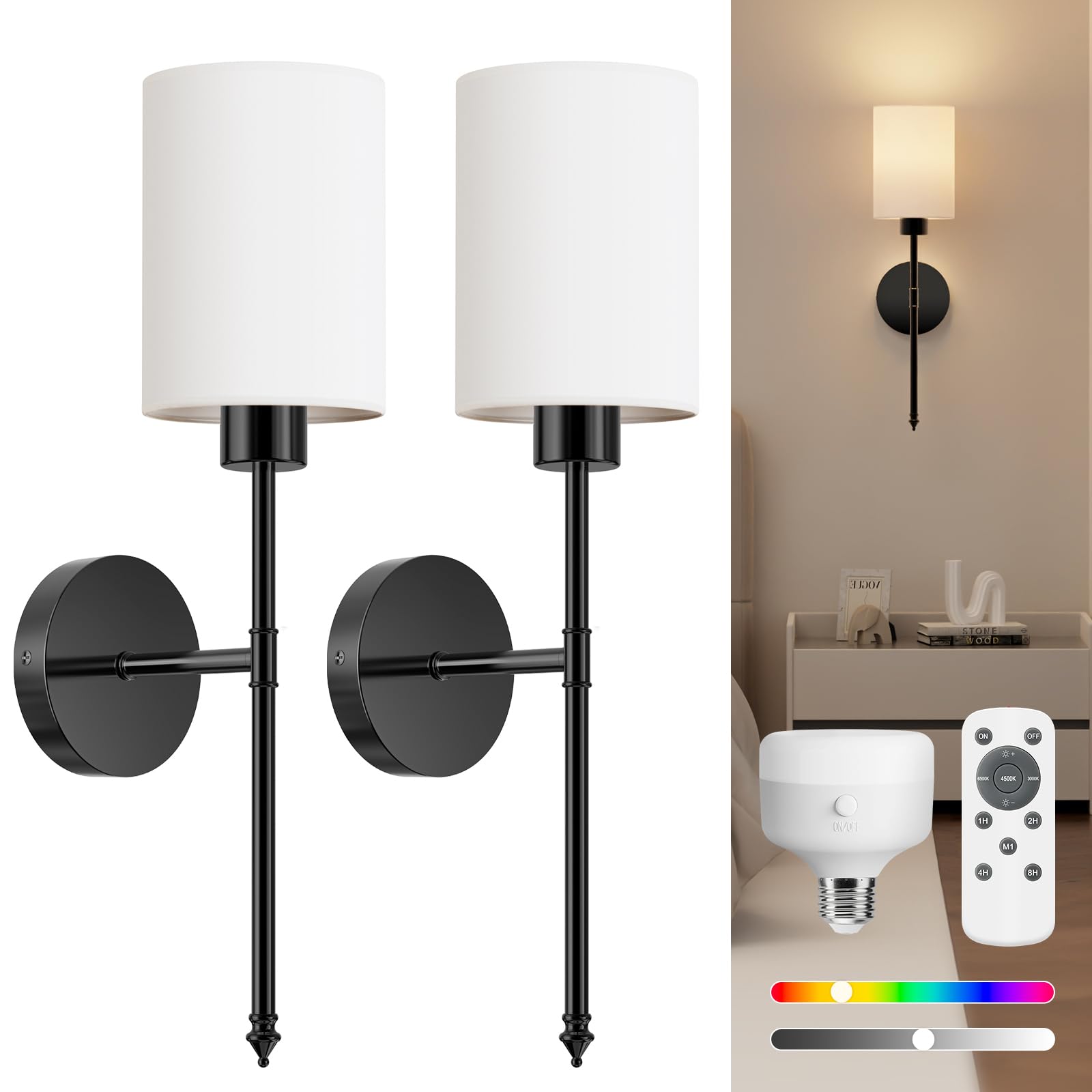 NIORSUN Battery Operated Wall Sconce Set of 2, Black, 20.67 inch, Iron, Model 16225LGTF, Wireless Rechargeable, Dimmable Detachable Bul