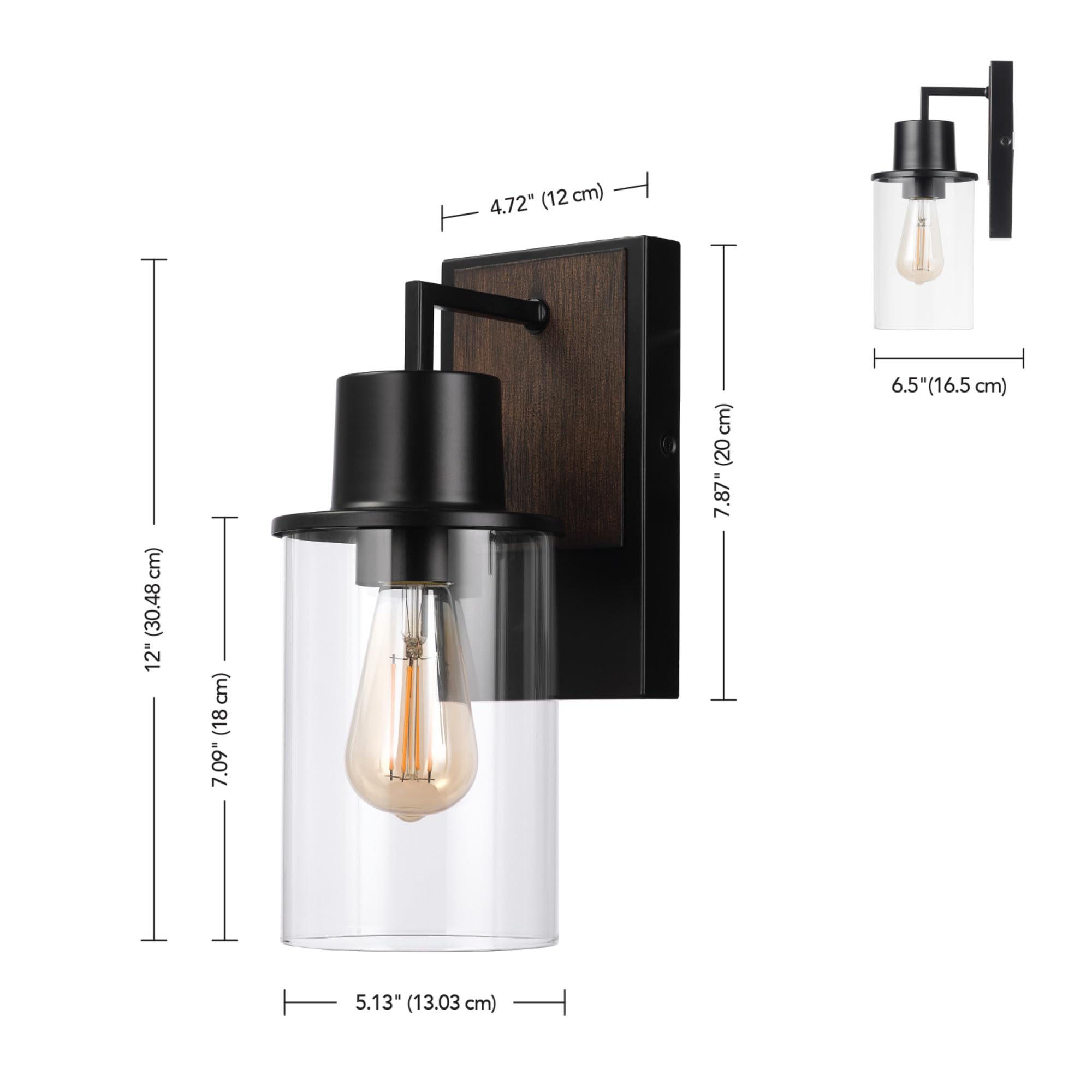 Globe Electric 60000025 1-Light Outdoor Wall Sconce, Matte Black, Faux Wood Accent, Clear Glass Shade, E26 Bulb, Outdoor Lightin