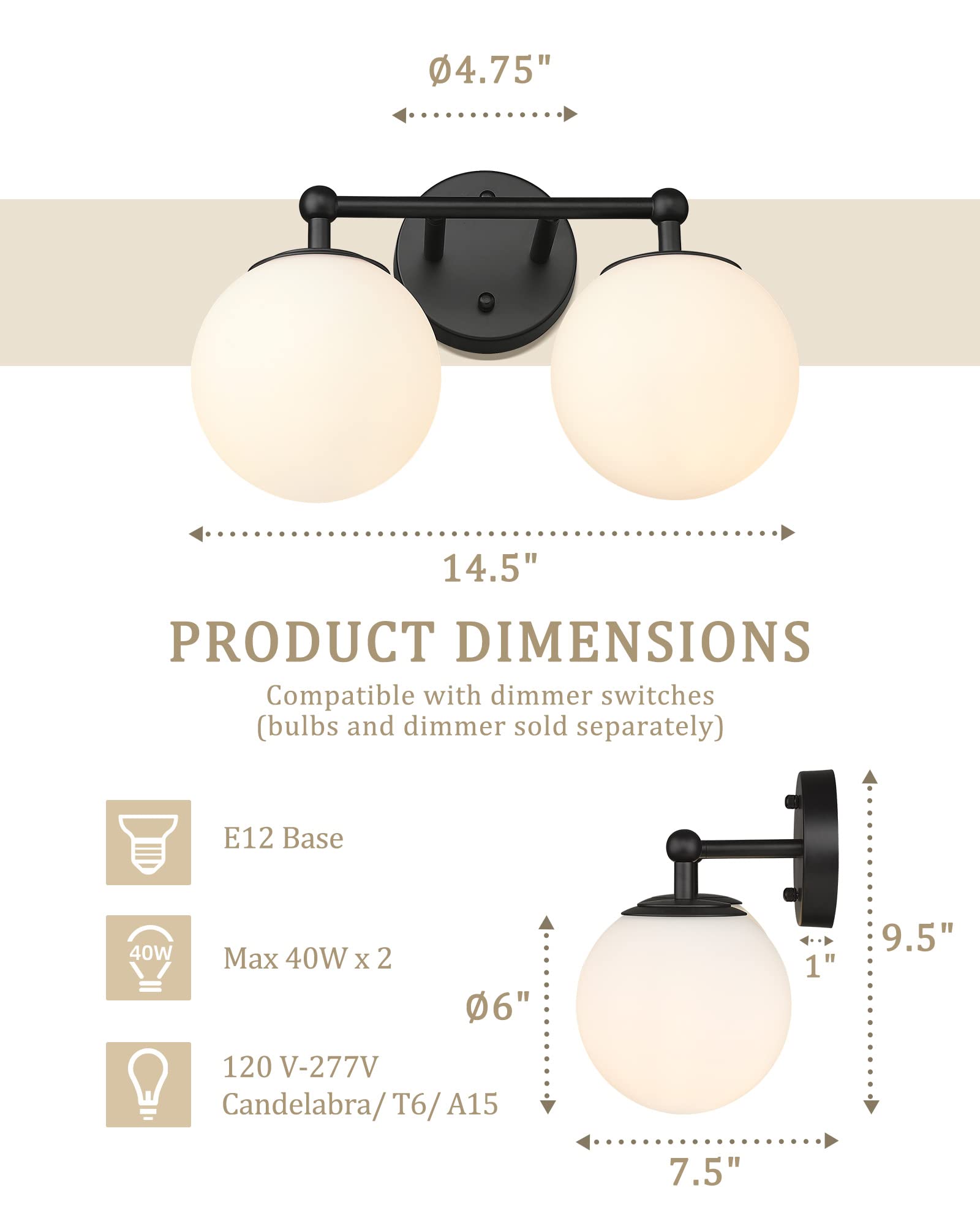 Akezon Black Vanity Light, 2 Light Black Modern Bathroom Light Fixtures Over Mirror With White Milk White Globe Glass Shade For Bathroom