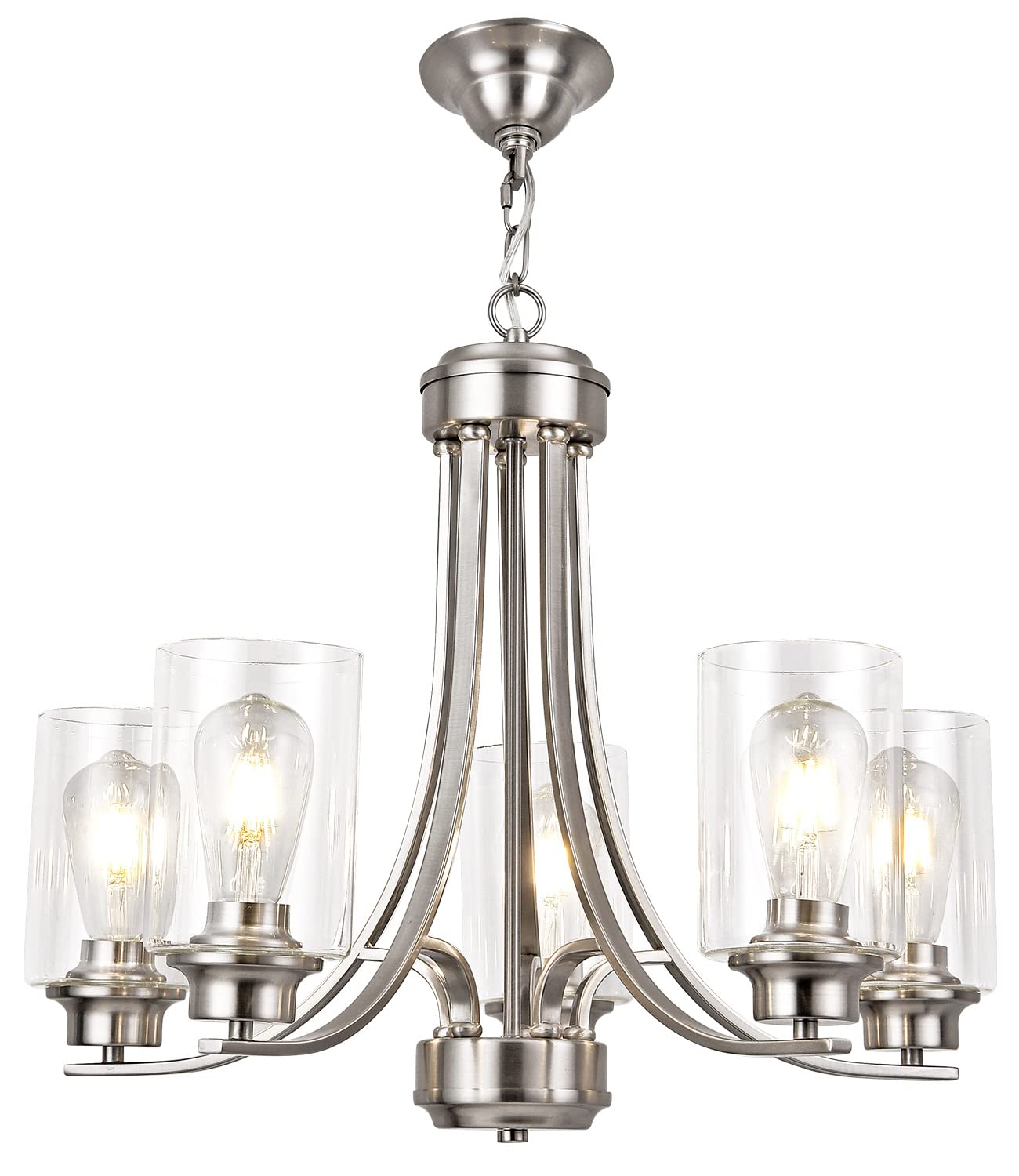 BOZO 5 Light Brushed Nickel Chandeliers Modern Dining Room Light Fixtures Traditional Chandelier with Clear Glass Shade Ceiling 