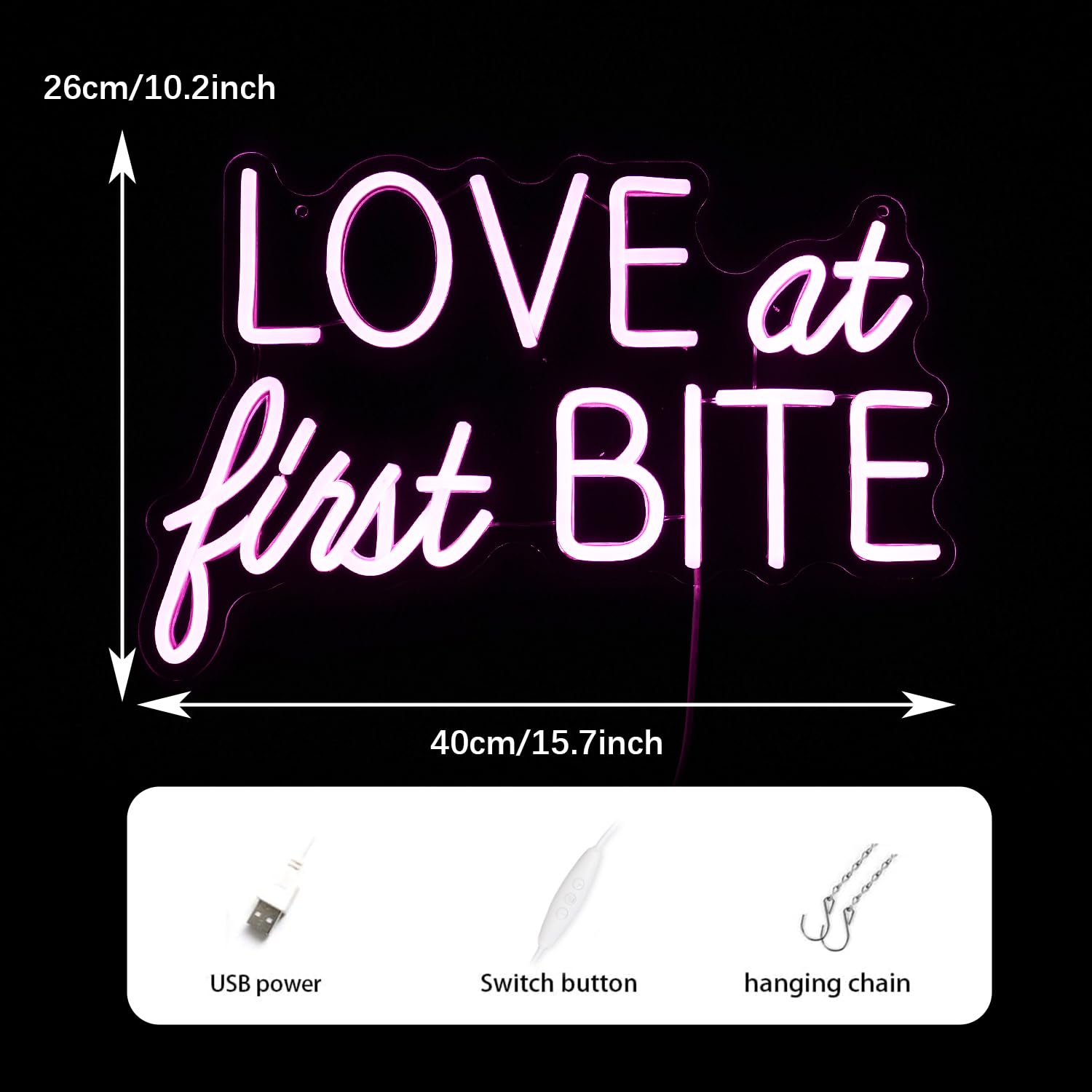 GNVETZLL Neon Sign LED Pink Love At First Bite Wall Art 15.7inx10.2in for Bedroom Bar Pub Party