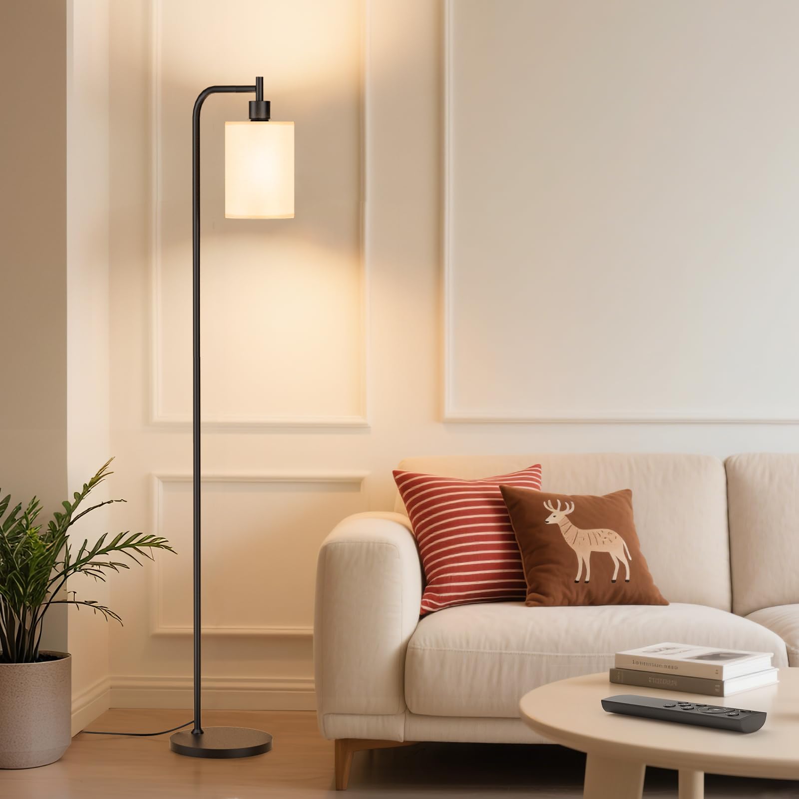SIBRILLE Dimmable Floor Lamp with Remote, Linen Shade, 9W LED Bulb, Modern Design for Living Room/Bedroom, White, Model BP-F072