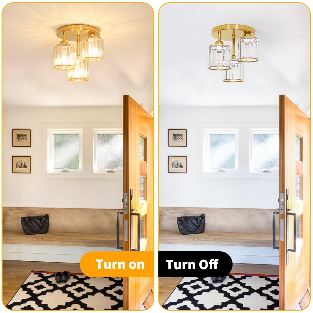 Modern Semi Flush Mount Ceiling Light, 3-Light Crystal Close To Ceiling Light Fixtures, Gold Kitchen Light Fixtures With Clear C