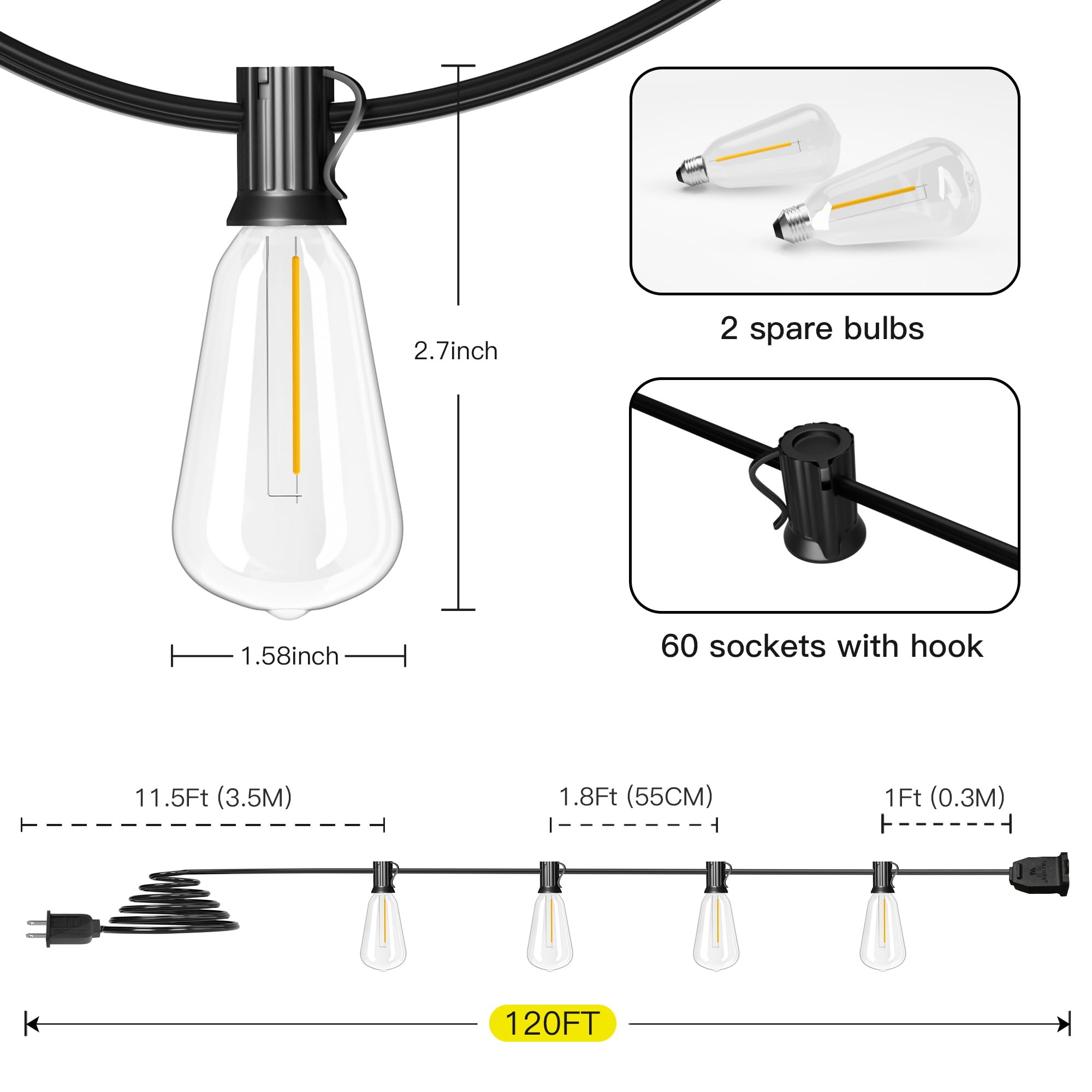 Ohlux 120Ft Outdoor String Lights, 62 St38 Edison Led Bulbs, E12 Base, 2200K Cafe Warm Color, Max.Connectable 14 Strands, Anti-F