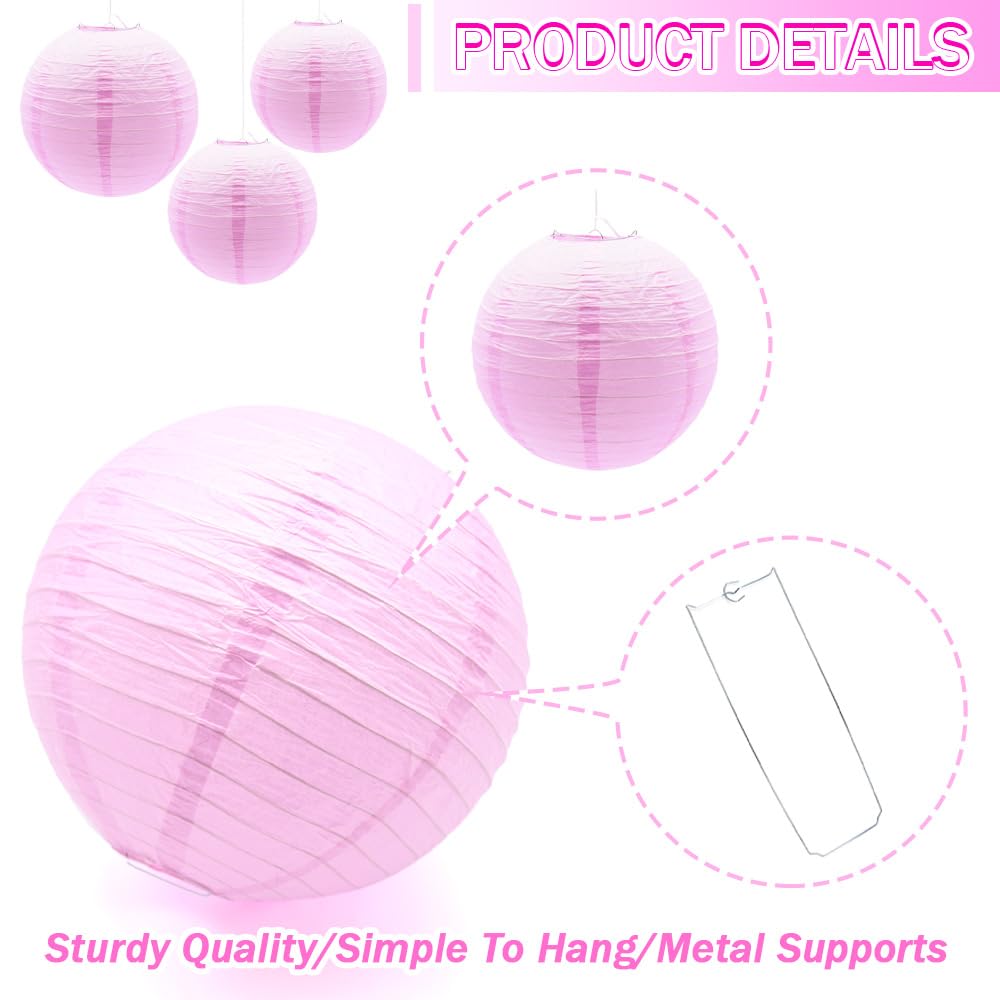 Yosawa 6 Pcs Paper Lanterns, Decorative Round Hanging Lanterns, 8” 10” 12”, Pink, Model ZD-Pink for Party, Wedding, Halloween, Home