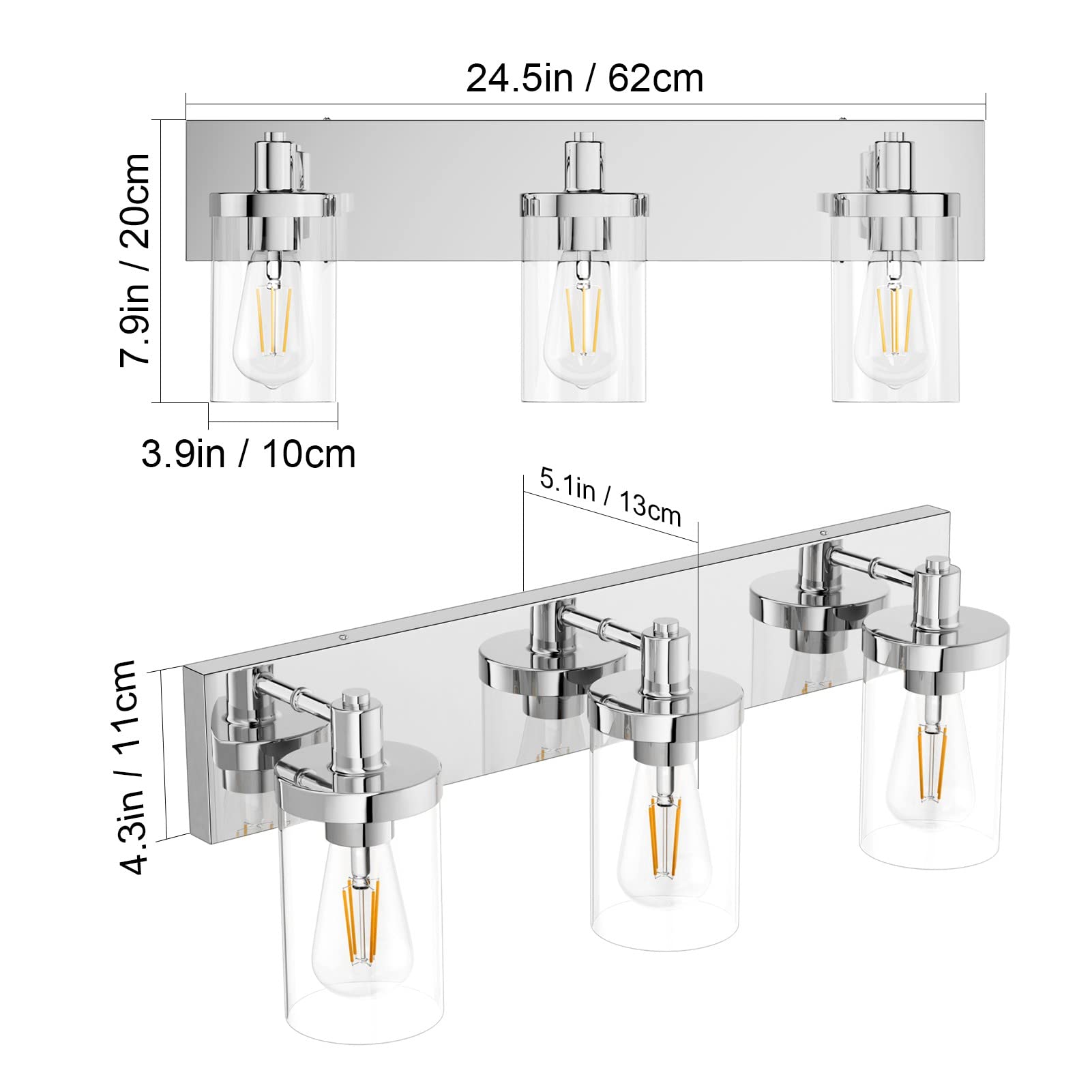 Aipsun Chrome 3-Light Vanity Light Fixture For Bathroom, Farmhouse Style With Clear Glass Shade, Model 1136