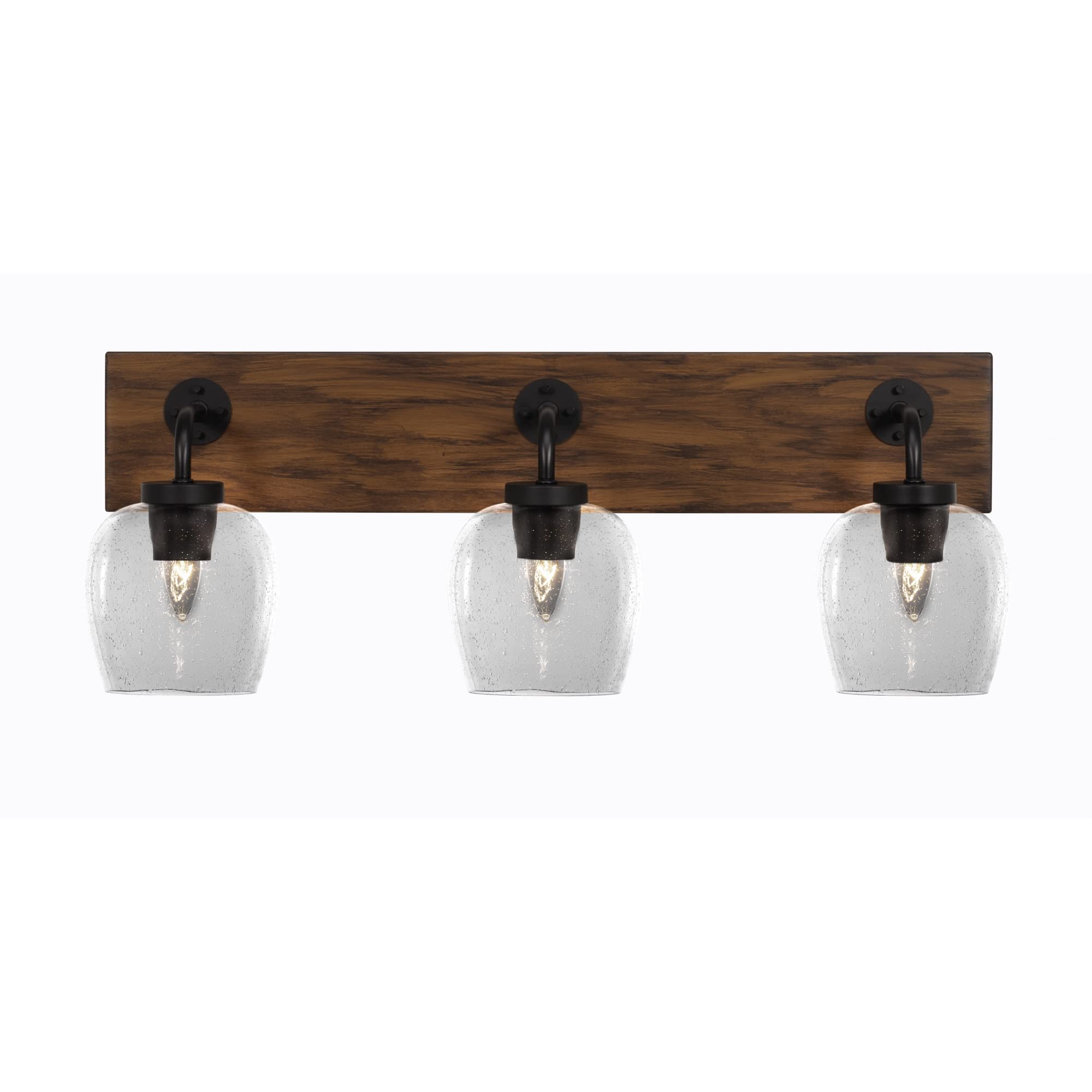 Oxbridge 3 Light Bath Bar In Matte Black & Painted Wood-Look Metal Finish With 6" Clear Bubble Glass