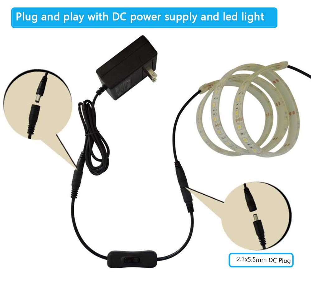 Gxilee Led Switch Connector Male To Female 12V Inline Switch And Female Dc Power Jack(5.5Mm X 2.1Mm Connector), 3 Pack