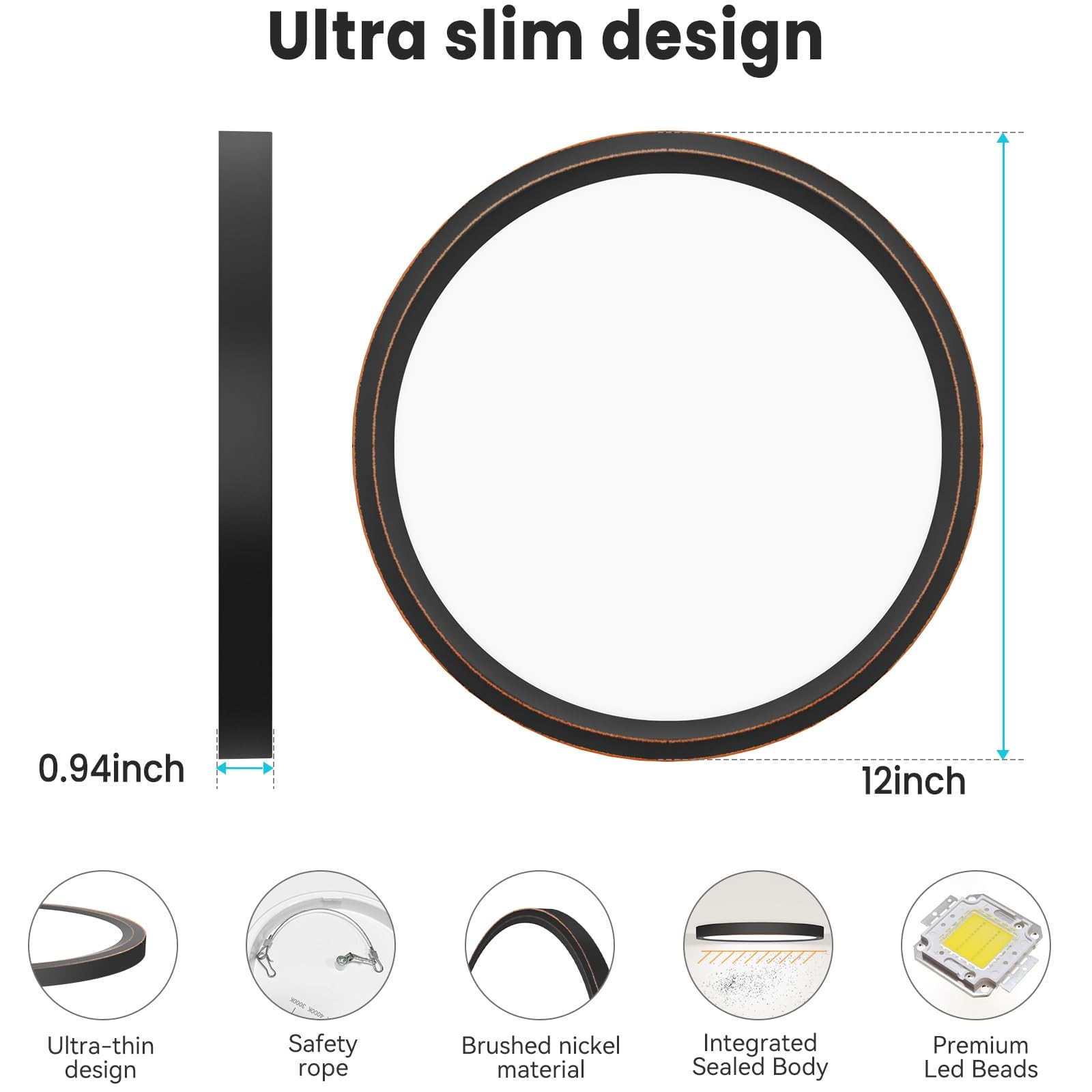 Libtit 12 Inch Flush Mount Led Ceiling Light Fixture, 3000K 4000K 6500K Adjustable, 28W 3200Lm Oil Rubbed Bronze Round Lighting