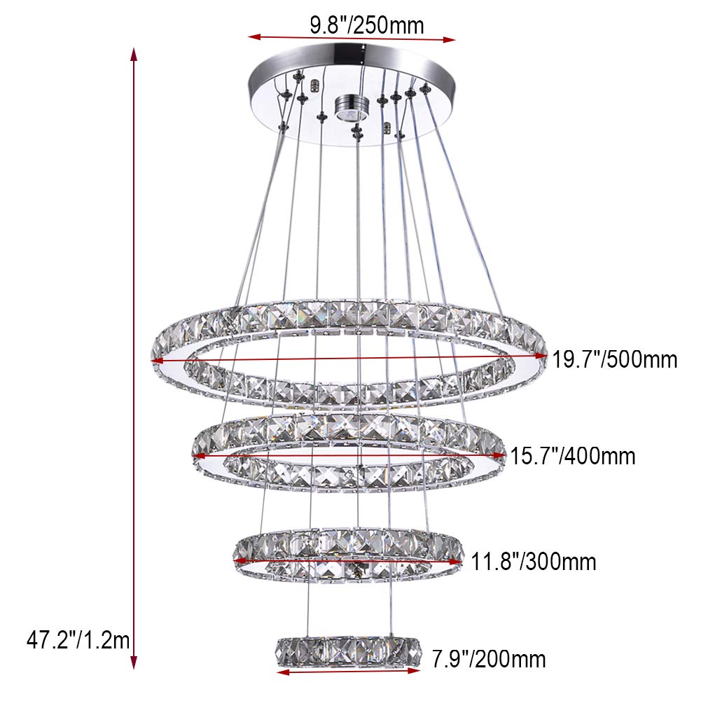 Led Chandeliers, Modern Crystal Chandelier Dining Room Living Room Led Ceiling Pendant Light 4 Rings Adjustable Stainless Steel