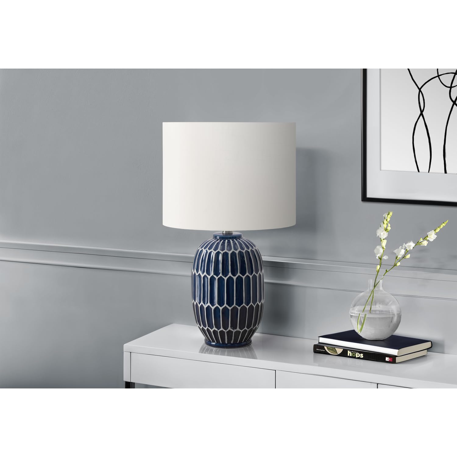 Monarch Specialties Table Lamp I 9876, Blue Ceramic, Ivory Shade, 22.25inH, Contemporary Design