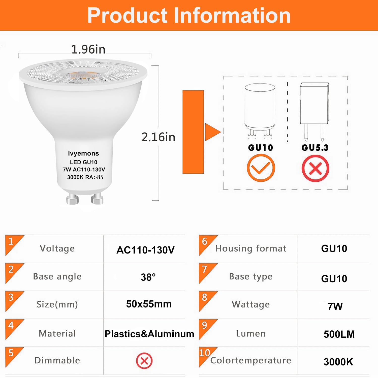 Ivyemons Gu10 Led Dimmable Bulb 3000K Warm White Flicker-Free, Gu10 Bulb Led 7W 500Lm High Brightness (Equivalent 50W Traditiona