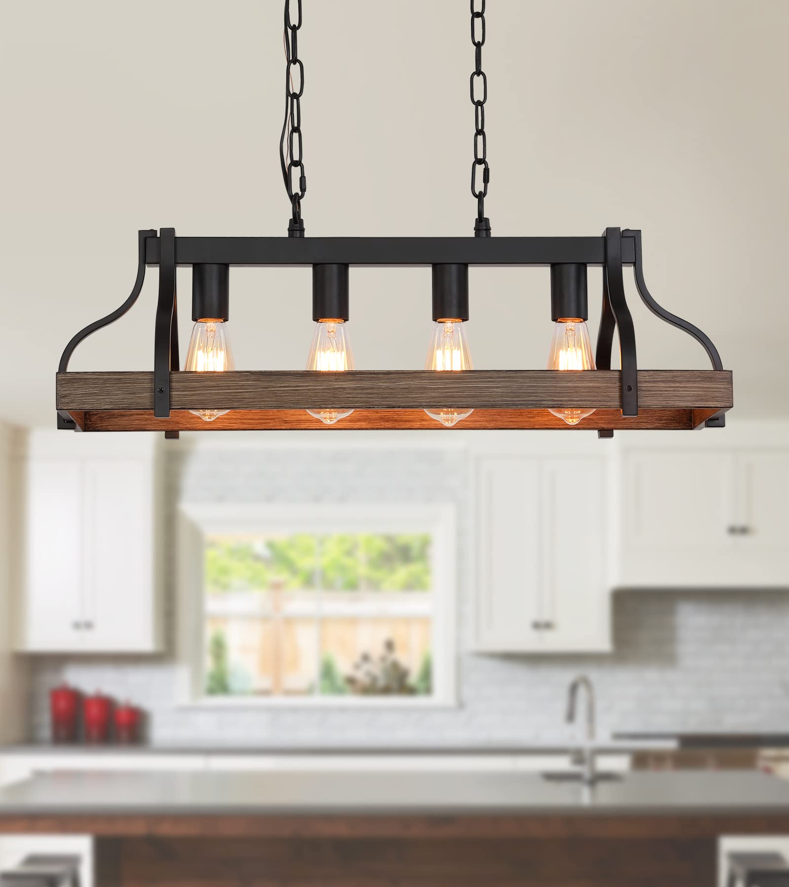 Meixisue Rustic Kitchen Island Dining Room Light Fixture Farmhouse Linear Chandelier Black And Retro Wood Finish 4-Light Industrial Metal Hanging Pendant Light Ul Listed L28.3 W10.6