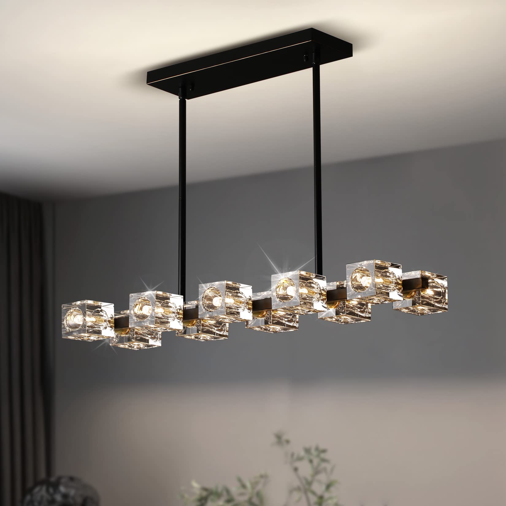 OKES Dining Room Light Fixture,Modern Crystal Chandeleirs Semi Flush Mount Ceiling Light Fixture,Black Metal Crystal Pendant Lig