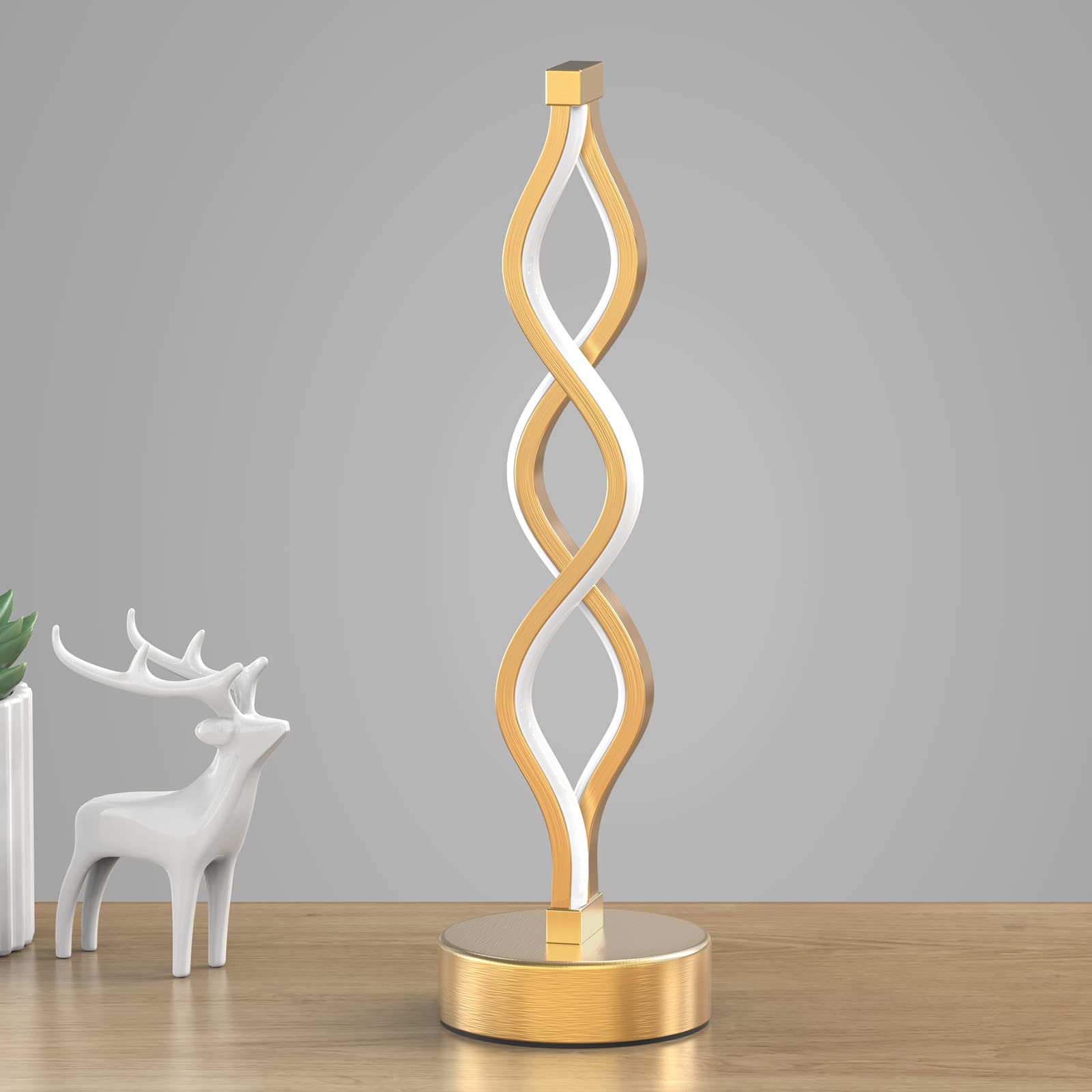 Nur Gold Infinity Spiral Led Table Lamp, Lamps For Bedrooms Dimmable Metallic Bedside Lamp With Touch Controller, 3 Colour Tempe