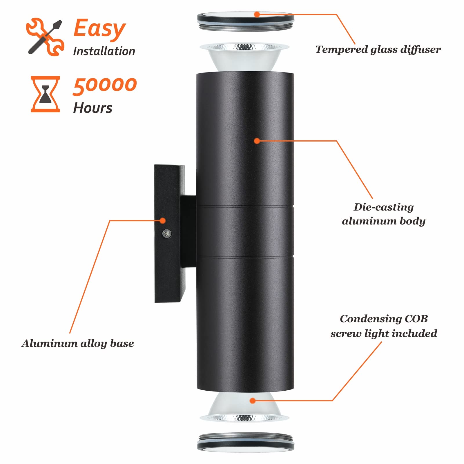 DAKAFUL Outdoor Wall Lights, 12W LED Cylinder Up Down Light, 4 Packs, Black, Aluminum, Tempered Glass for Porch Patio Door