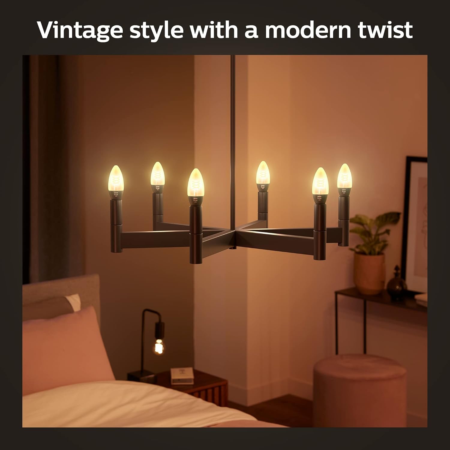 Philips Hue Smart 25W Candle-Shaped Filament LED Bulb - Soft Warm White Light - 4 Pack - 270LM - E12 - Indoor - Control with Hue