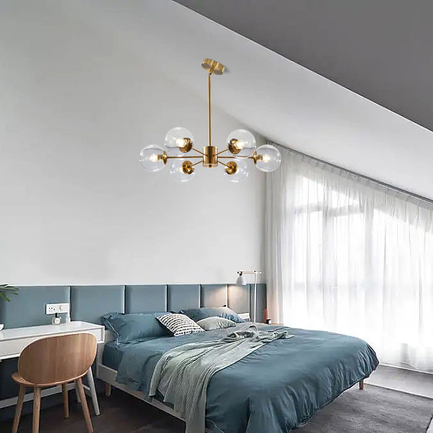 KCO Lighting Modern 6-Light Sputnik Chandelier, Brass, Clear Glass Globe, Adjustable Pendant Light, Model L1085-C-6, Gold+Clear
