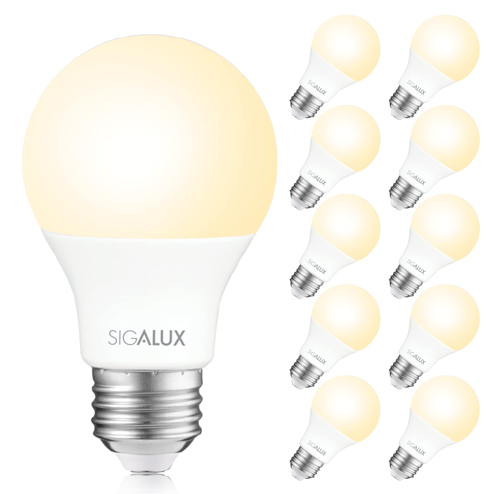 Sigalux A19 LED Light Bulb, 11.5W, Soft White 2700K, E26 Medium Base, Non-Dimmable, 10 Pack
