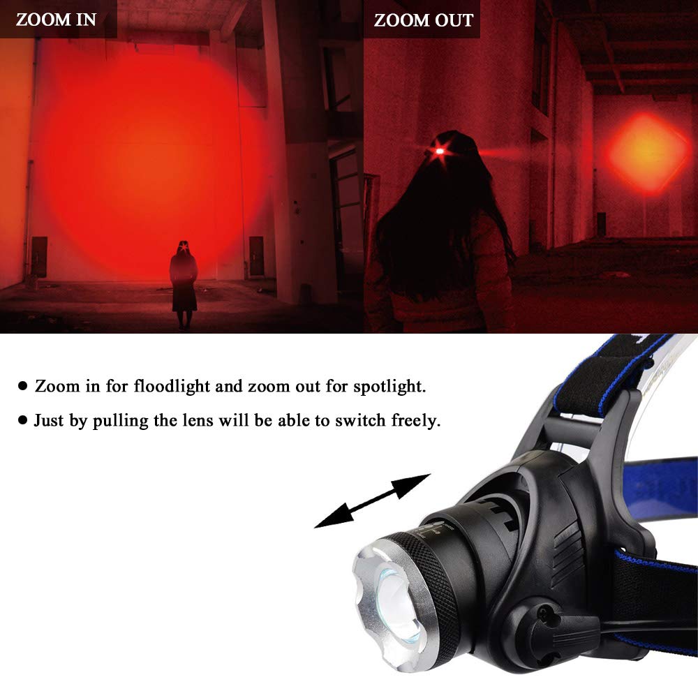 GaiGaiMall Zoomable LED Headlamp - 3 Lighting Modes, Water Resistant, Red, 1-Pack, Model G2042