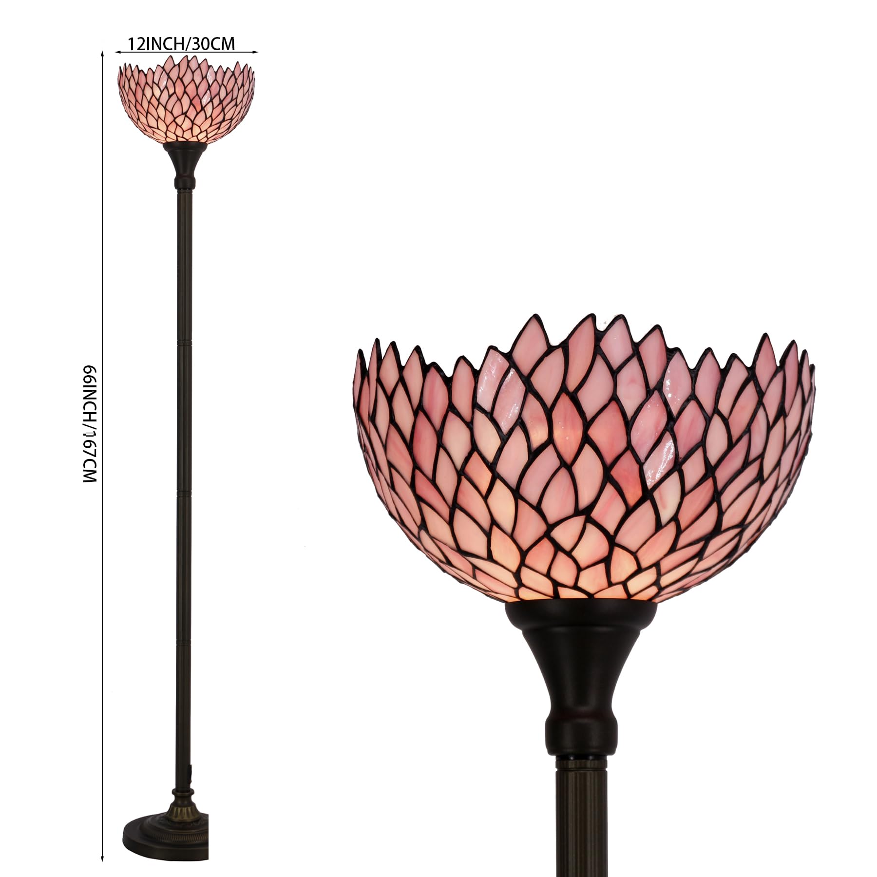 WERFACTORY Tiffany Torchiere Floor Lamp, Pink Wisteria, 12x12x66 Inches, Glass, S523P Series, Ideal for Bedroom & Living Room Decor