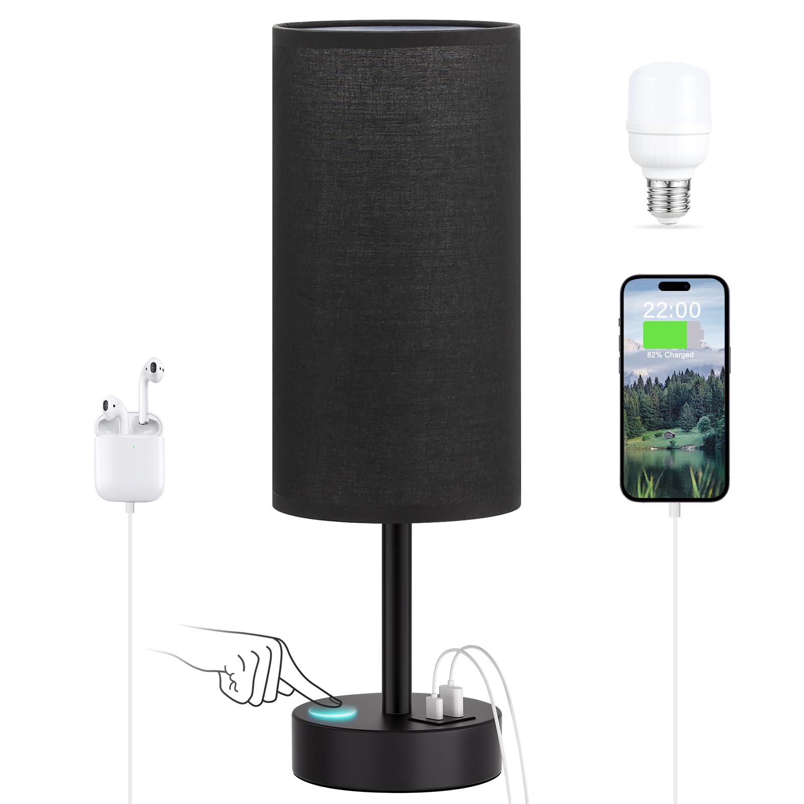 Black Touch Bedroom Lamp with USB - 3 Way Dimmable Table Lamp for Bedroom, Nightstand Lamp with Black Charging Station for Desk 