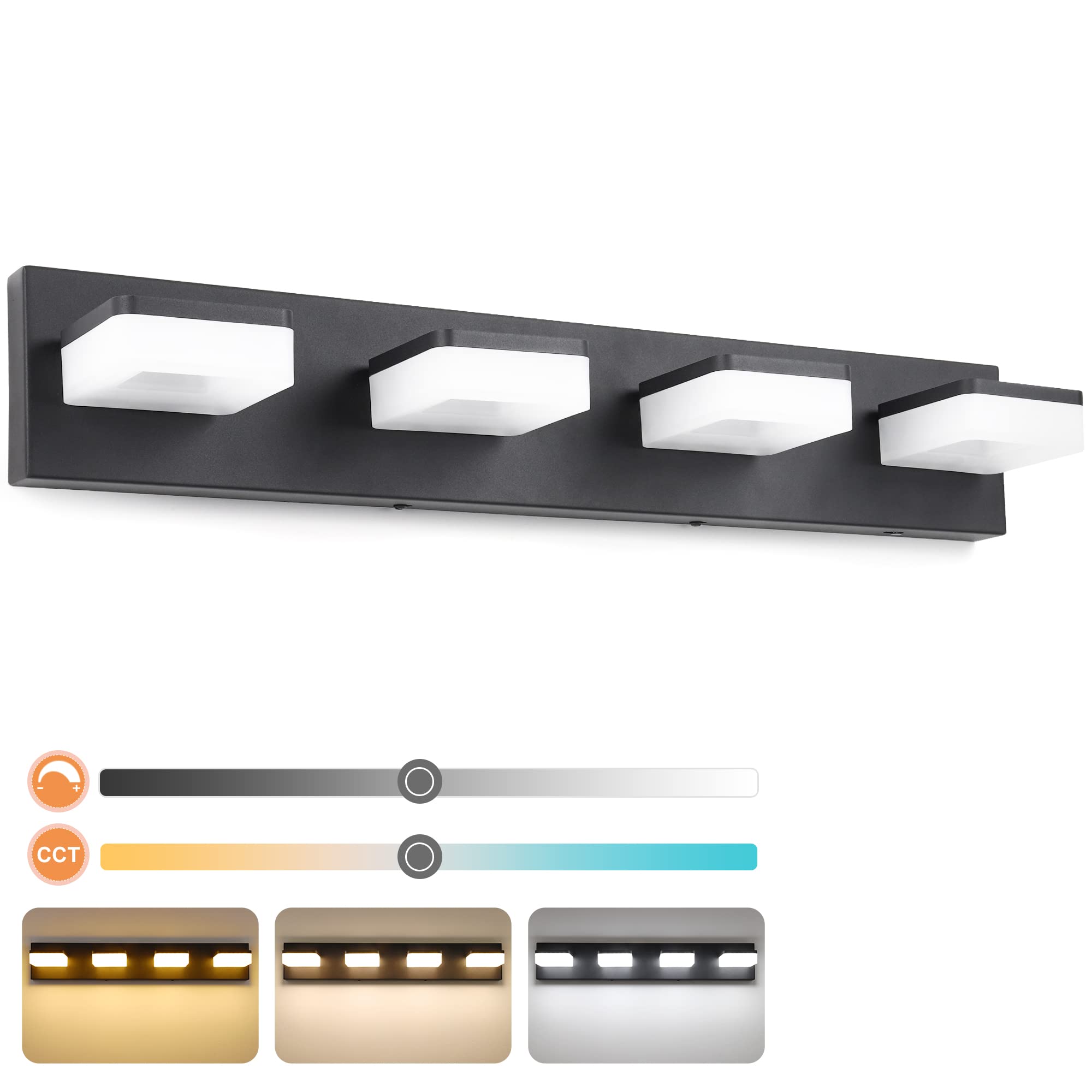 Goodate Dimmable Black Led Vanity Light, 4 Light Fixtures, Adjustable 3000K/4000K/6000K
