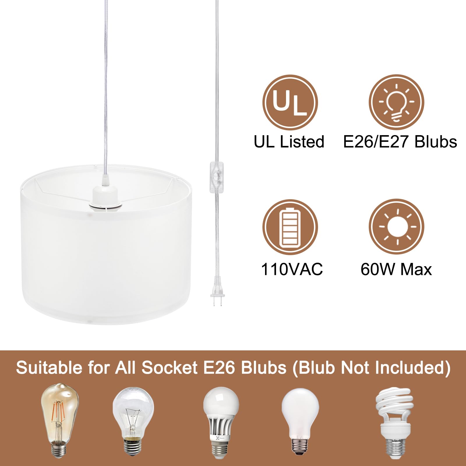 PATIKIL Plug in Pendant Light, Fabric Shade, E26/E27 Socket, 15Ft Rope Cord, White