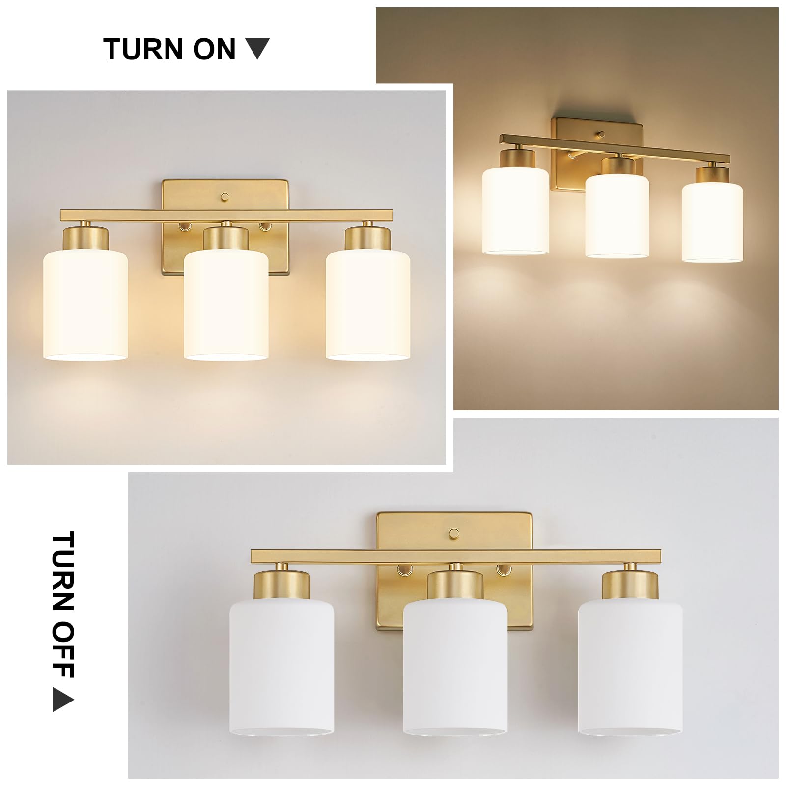 Fonmyim Gold Bathroom Light Fixtures, 3-Light Modern Vanity Light Over Mirror, Wall Sconces With Milky White Frosted Glass Shade