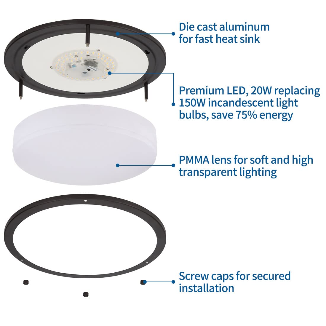 DAKASON LED Flush Mount Ceiling Light Fixture, 20W Dimmable, 13in Oil Rubbed Bronze, Selectable 3000K/4000K/5000K, Model