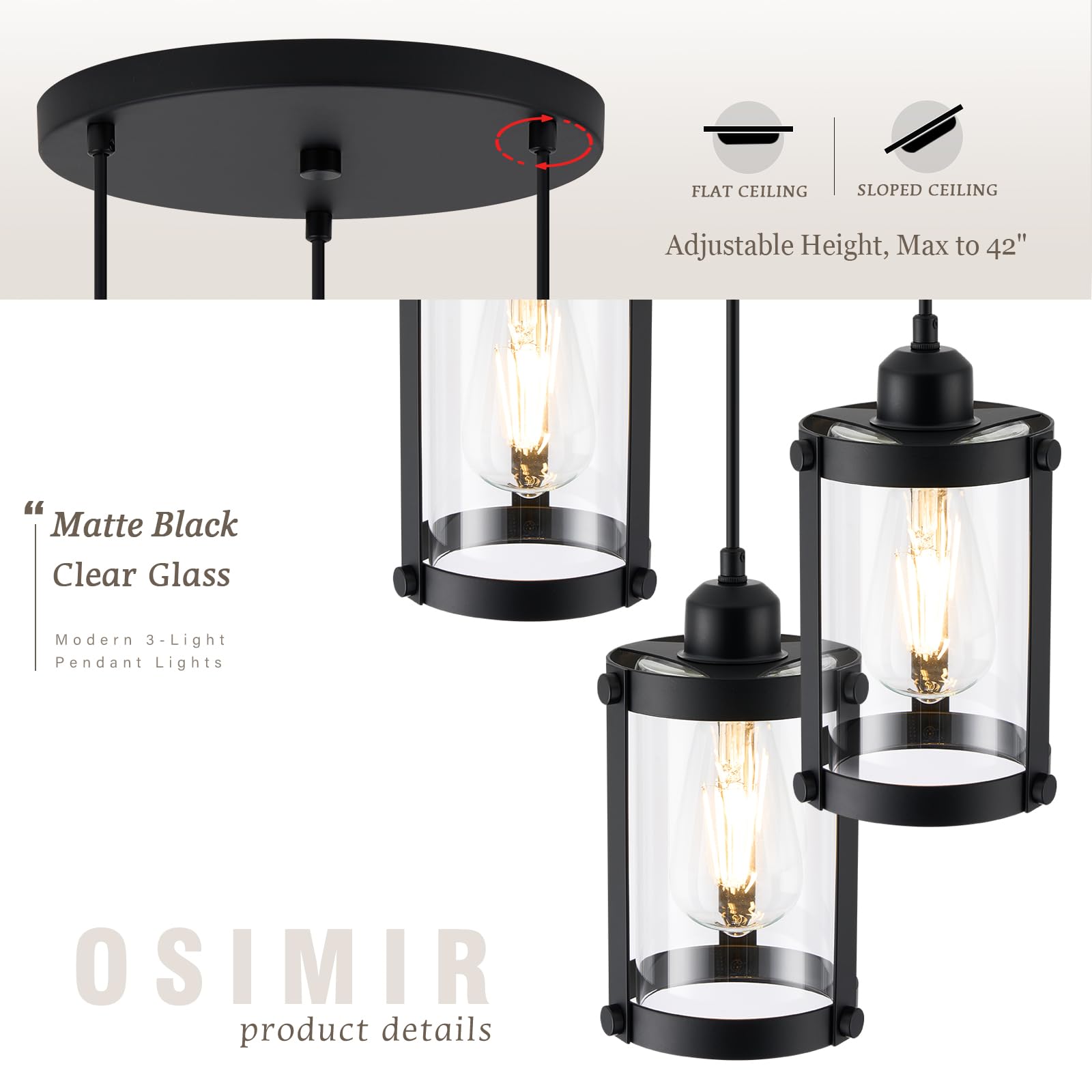 Osimir 3-Light Pendant Lighting, Black Dining Room Chandelier Light Fixture Over Table With Clear Glass, Modern Cluster Hanging