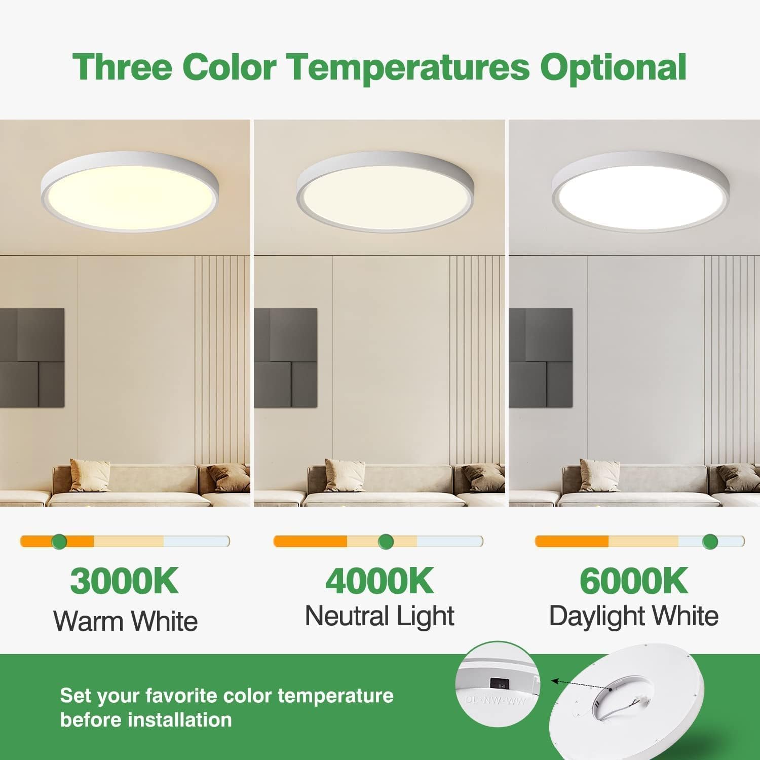 20 Inch Large Led Flush Mount Ceiling Light, 40W,4350Lm, 3000K/4000K/6000K Cct Selectable,White Round Flat Panel Light Low Profile Ceiling Light Fitures For Hallway, Kitchen, Bedroom, Laundry Room