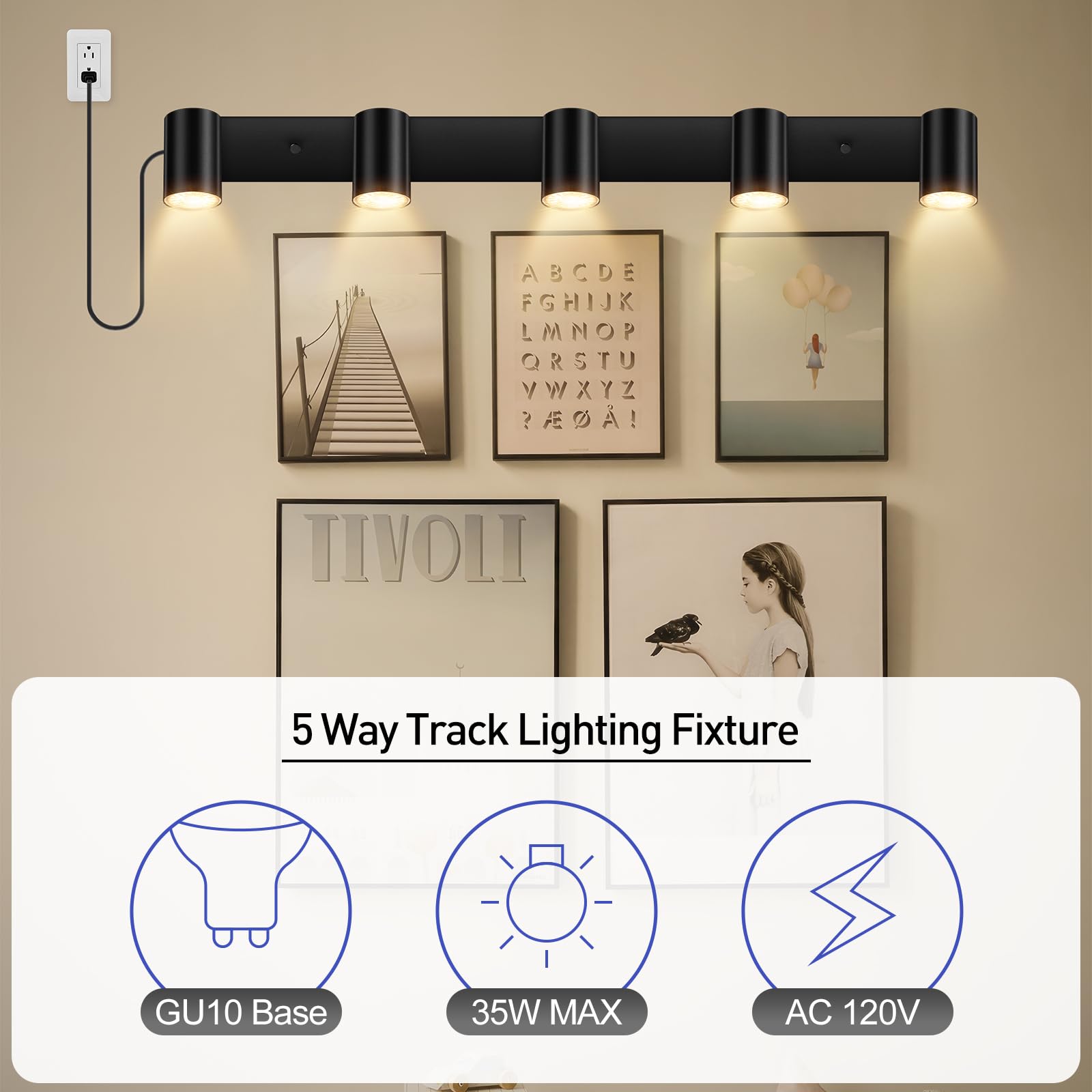 Boostarea Plug In Track Lighting, Led Track Light Kit, Black 5-Light Track Lights For Kitchen, 15 Ft Cord,5 Way Ceiling Spotligh