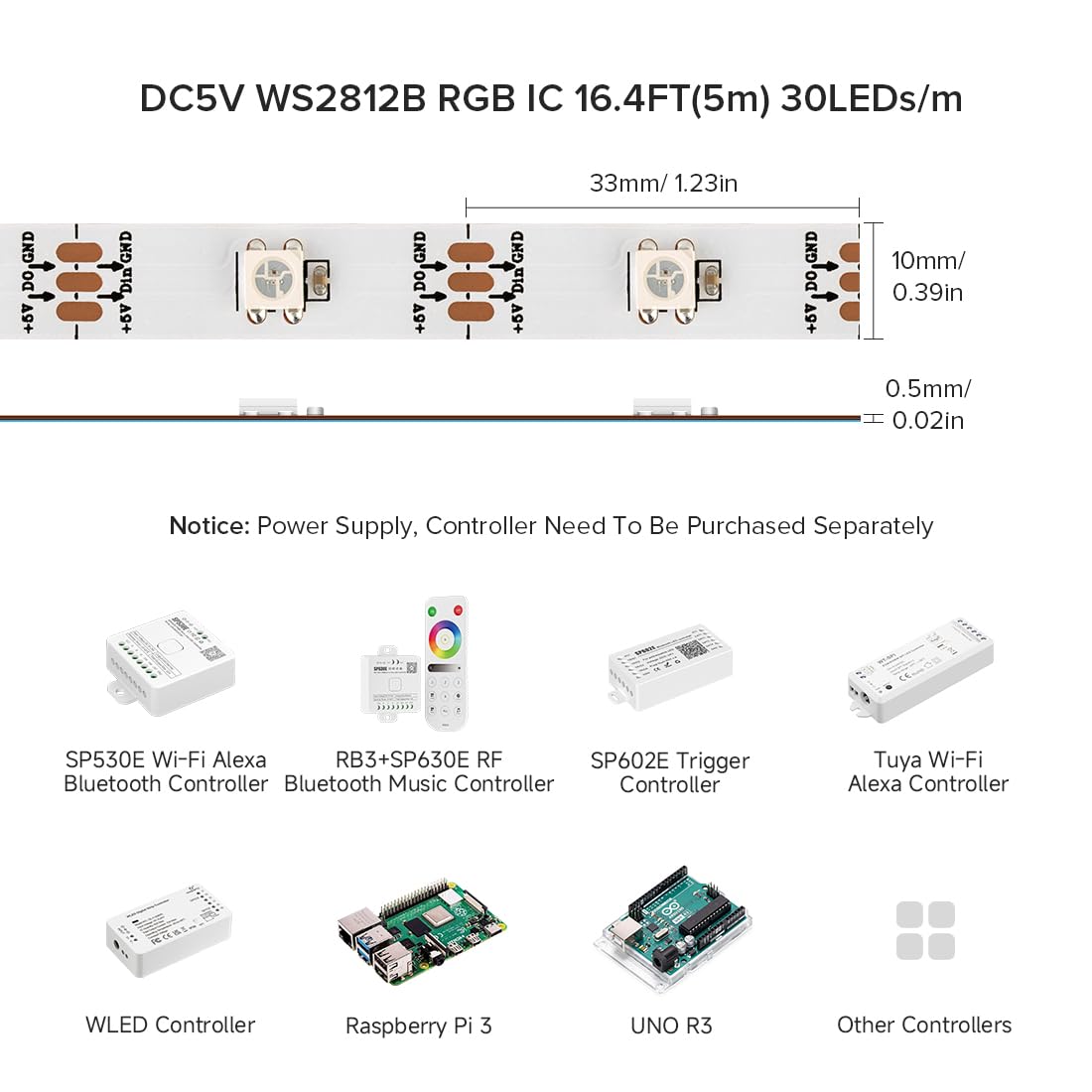 BTF-LIGHTING WS2812B LED Strip 16.4FT 150LED White IP65 Flexible Dream Color 5050SMD Individually Addressable