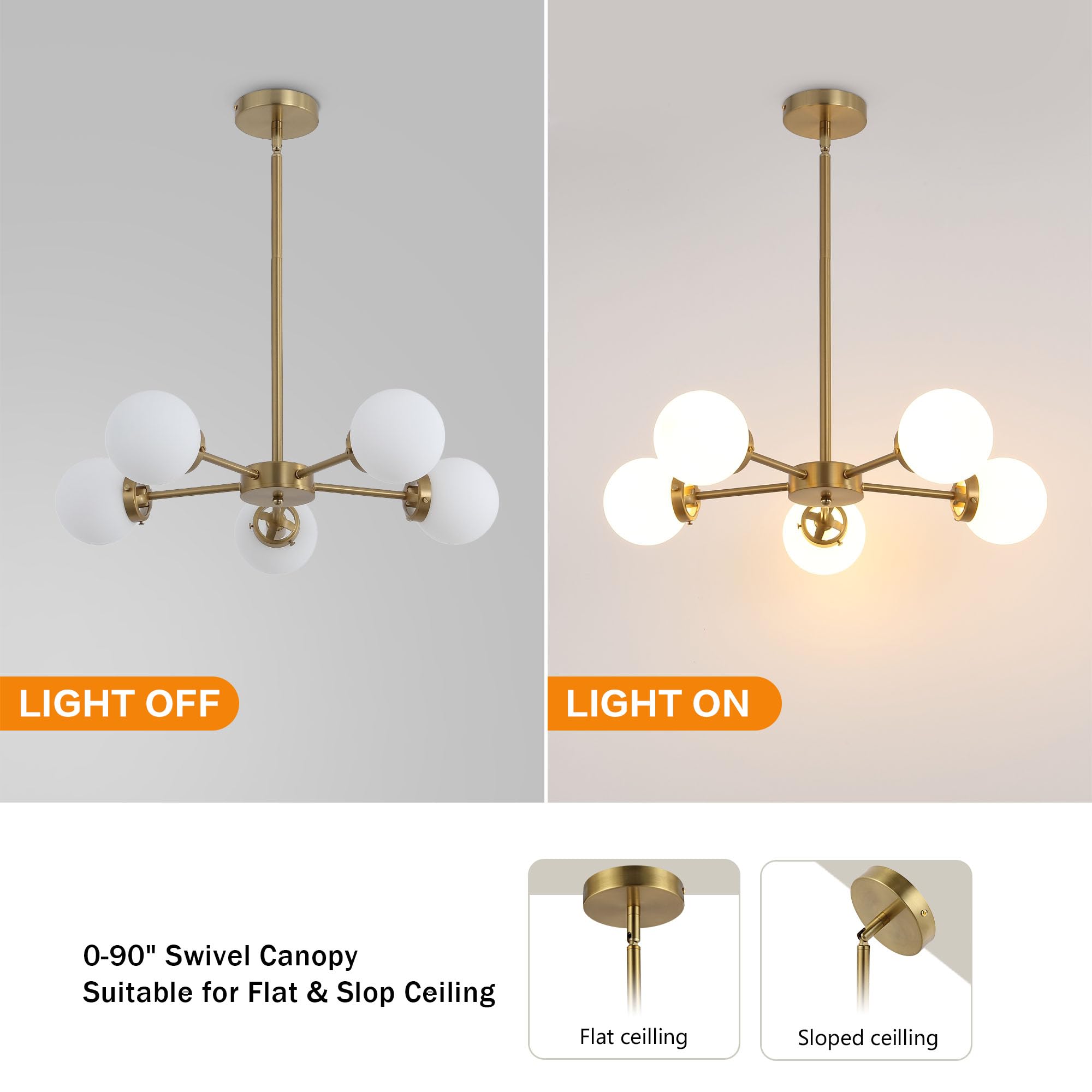WINGBO 8-Light Sputnik Chandelier, Modern Gold Pendant with Opal White Glass, Adjustable Height for Kitchen, Living Room, Dining Room, Bedroom