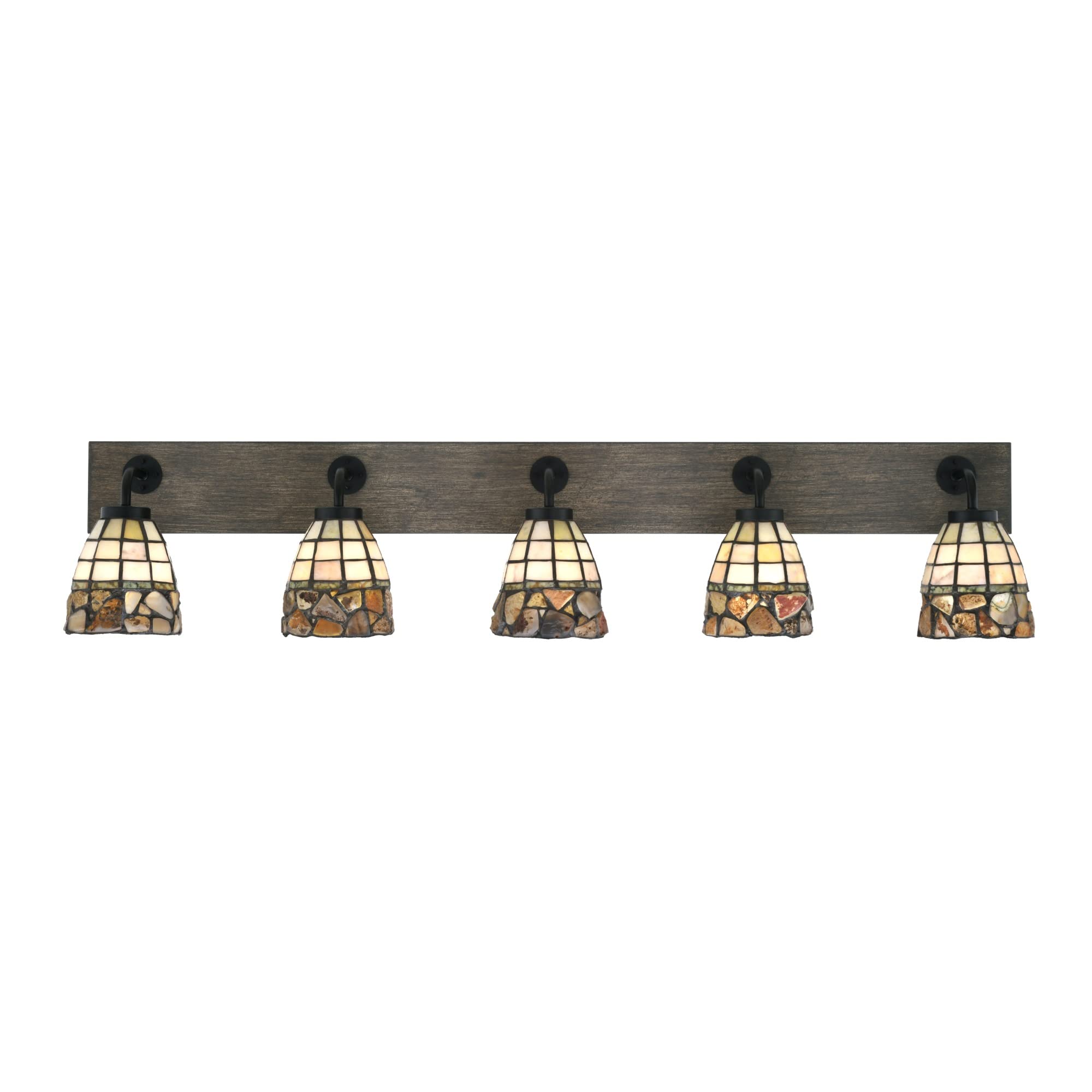 Oxbridge 5 Light Bath Bar In Matte Black & Painted Distressed Wood-Look Metal Finish With 7" Cobblestone Art Glass