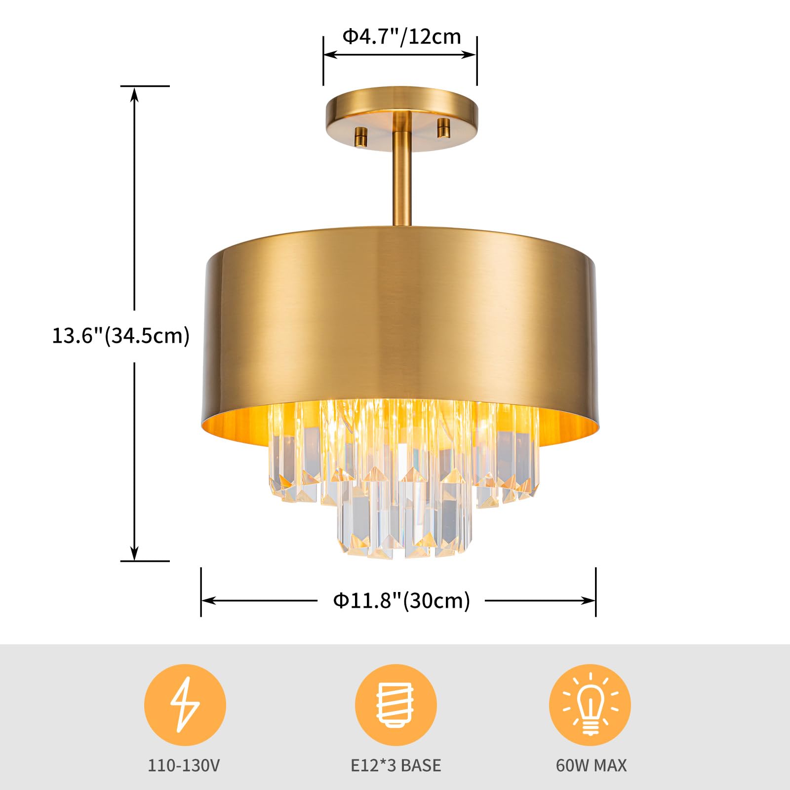 Lumfurn 3-Lights Luxury K9 Crystal Ceiling Light For Living Room, Foyer, Bedroom, Close To Ceiling Semi-Flushmount Light Fixture