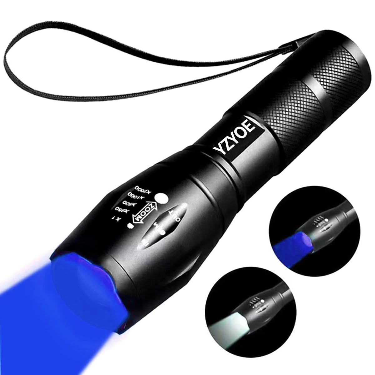 YZYOE Two-in-One Rechargeable Flashlight With White and Blue Light, Outdoors Zoom Blood Light for Observation, 2 Modes