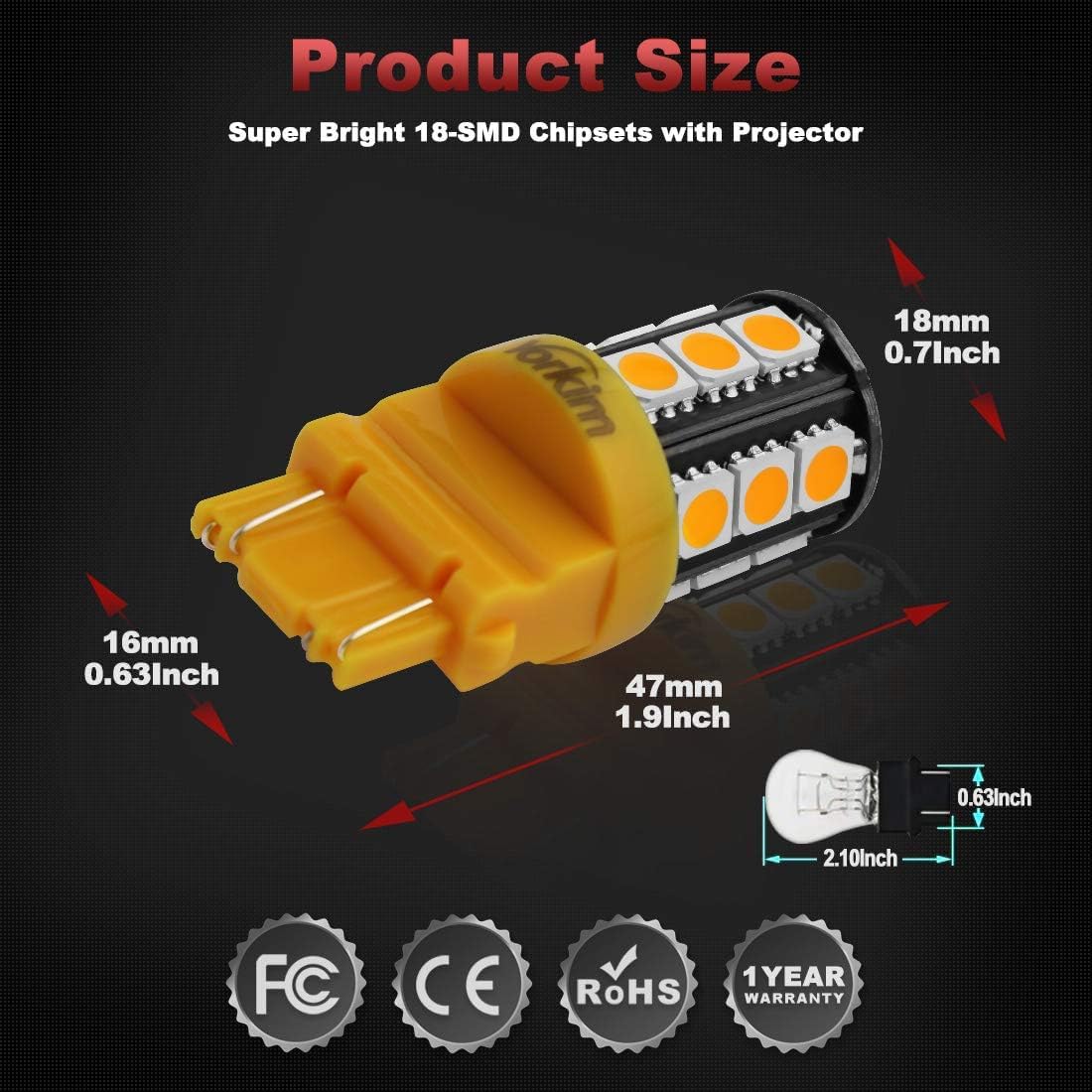 Yorkim 3157 LED Light Bulbs, Amber Yellow, Pack of 2, for Brake and Reverse Lights