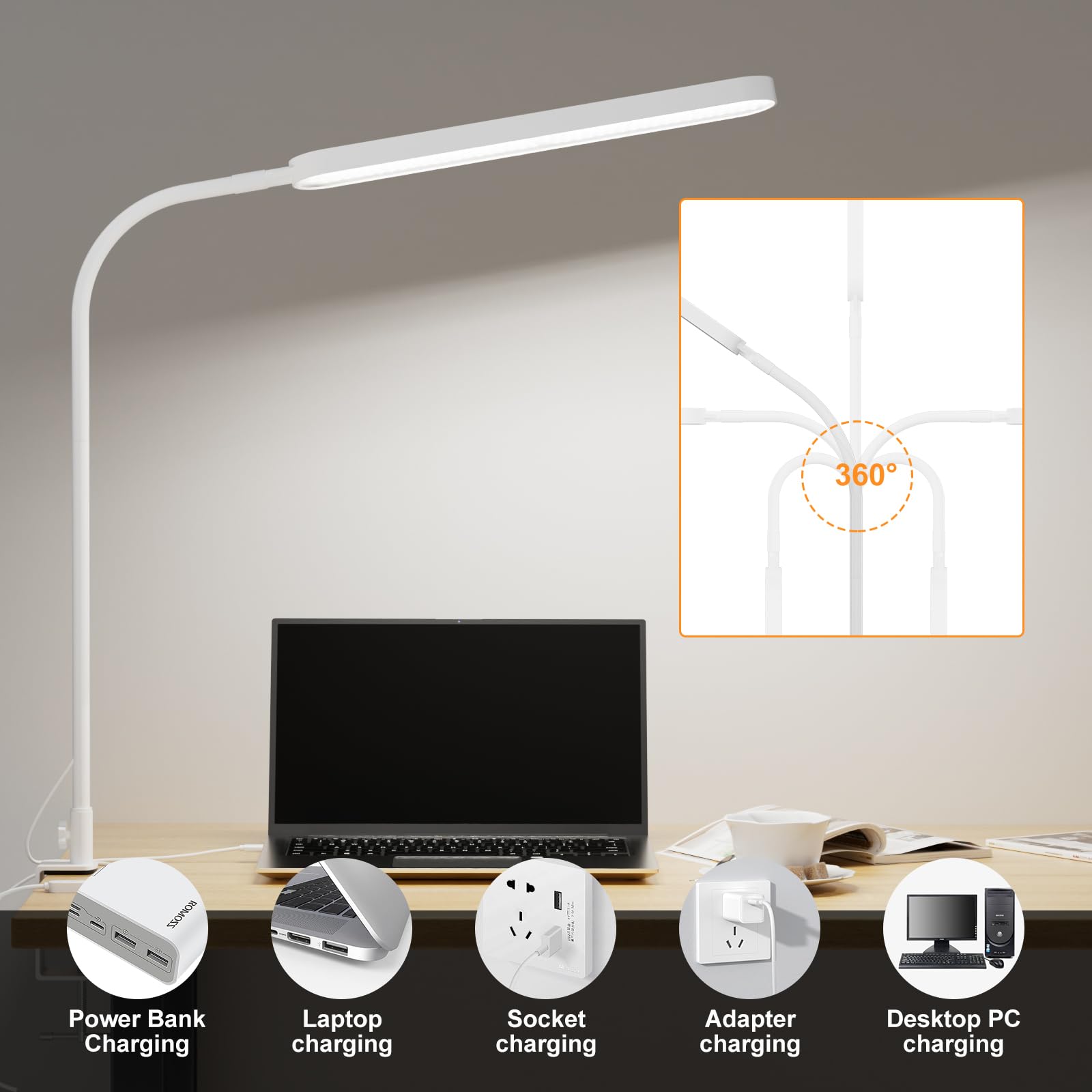 SKYLEO Led Desk Lamp - Flexible Gooseneck, 5 Color Modes, 11 Brightness Levels, 1300LM, 12W, 16.5in Clamp, White