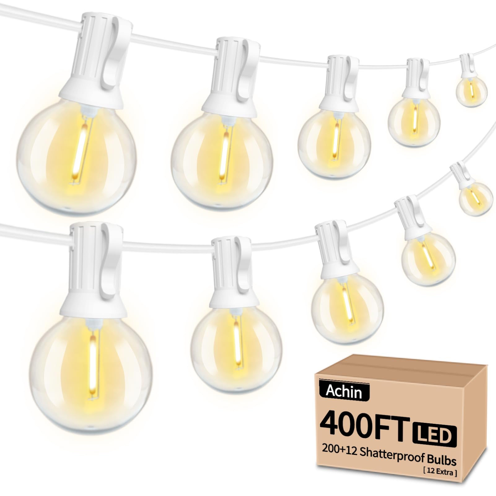 Achin Outdoor String Lights White 400FT(100ft*4) Patio Lights Outdoor Waterproof with 212 LED Bulbs(12 Spare) Shatterproof G40 G