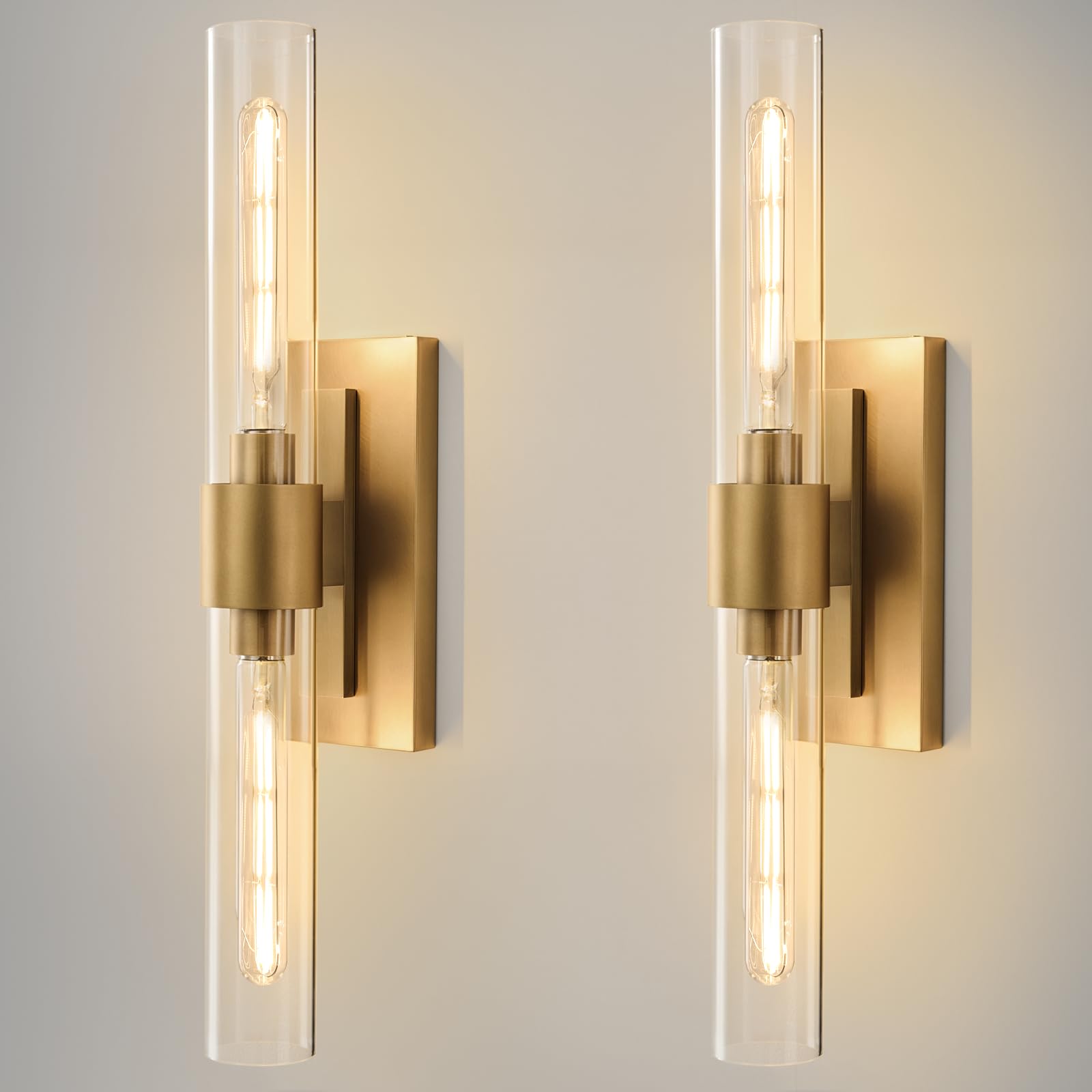 Sparkling Beverage Brass Bathroom Wall Sconce - Set of 2 Modern Gold Light Sconces - Clear Glass Tube Vanity Lights - Vertical or Horizontal Mounted Dimmable Lighting Fixtures for Indoor Living Room Hallway